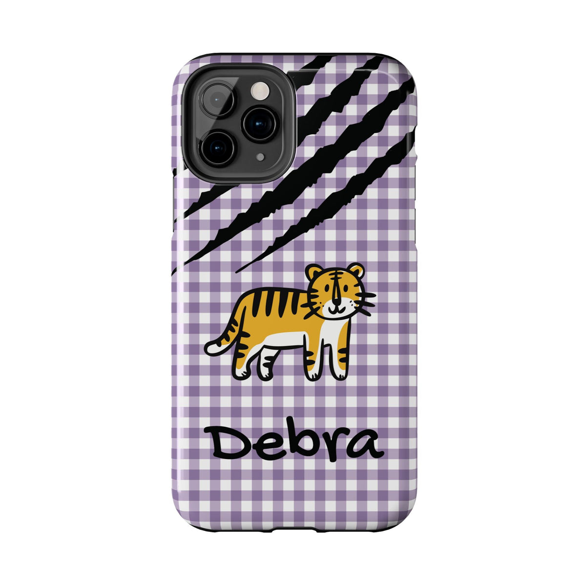 Personalized doodle tiger gingham phone case with custom name, for iPhone 11 Pro