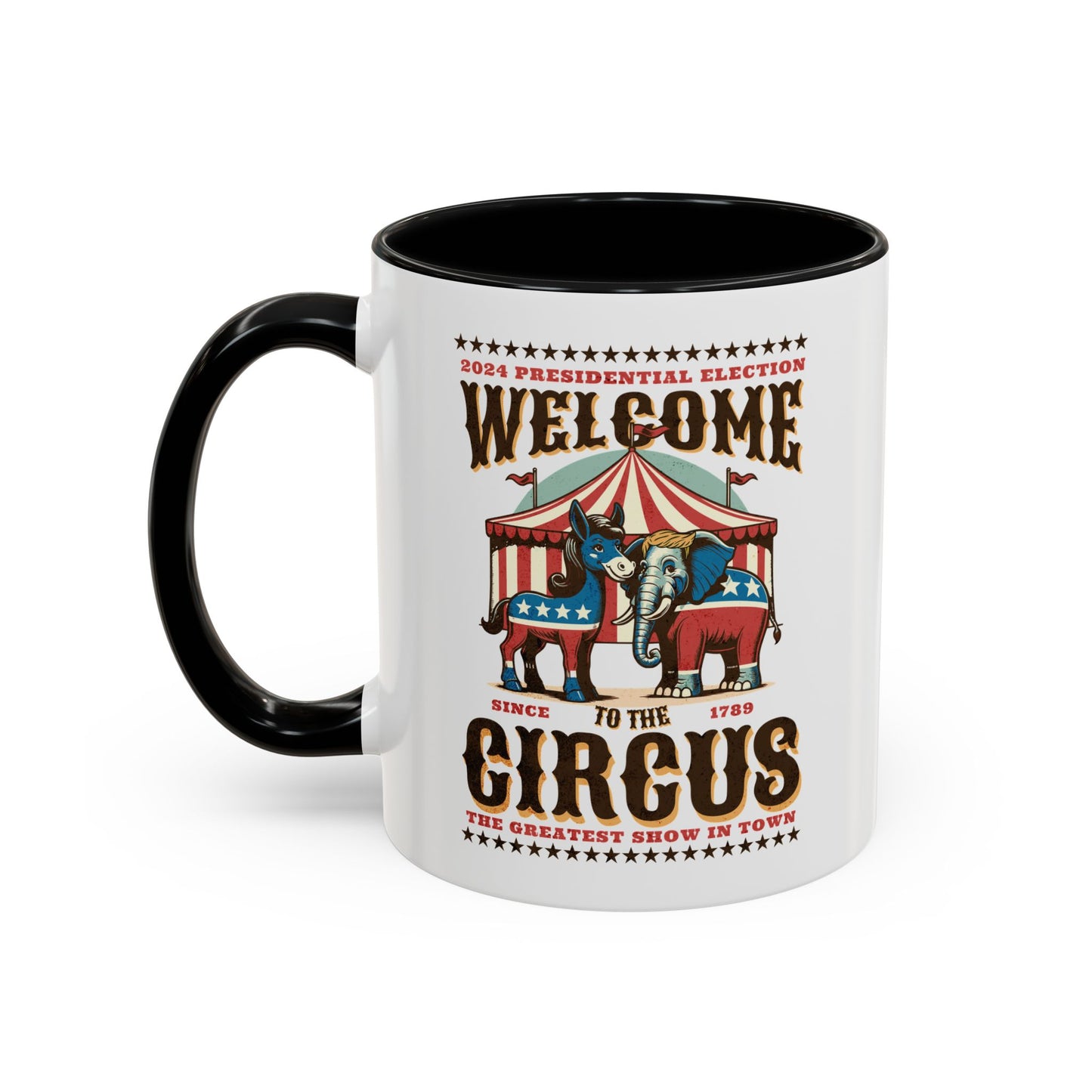 Political Circus Coffee Mug (11, 15oz) - Republican Democrat Independent Elephant Donkey