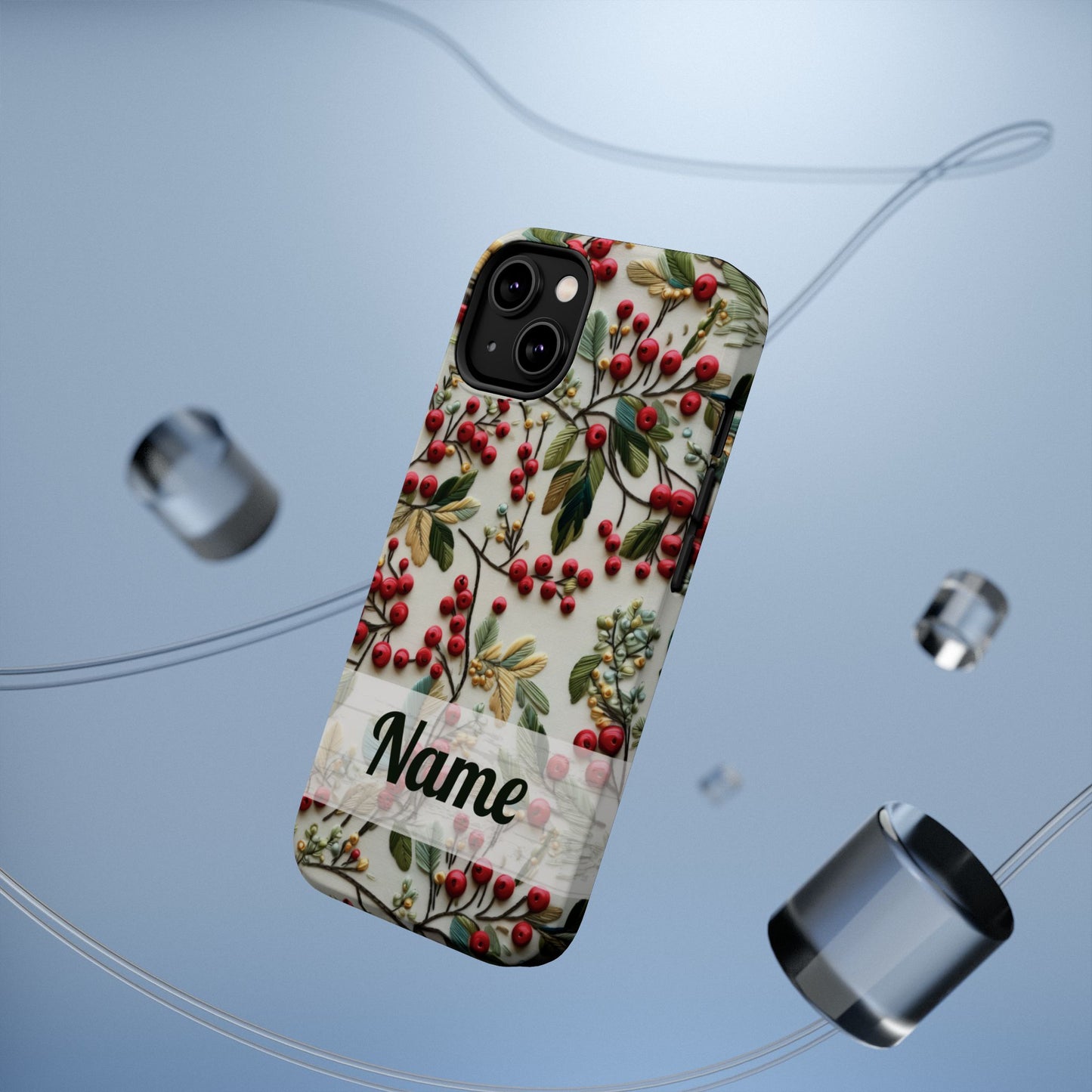 December Birth Month Flower Phone Case Faux Holly Beads Embroidered Custom, Personalized Christmas Winter Magnetic Tough Cases for iPhone