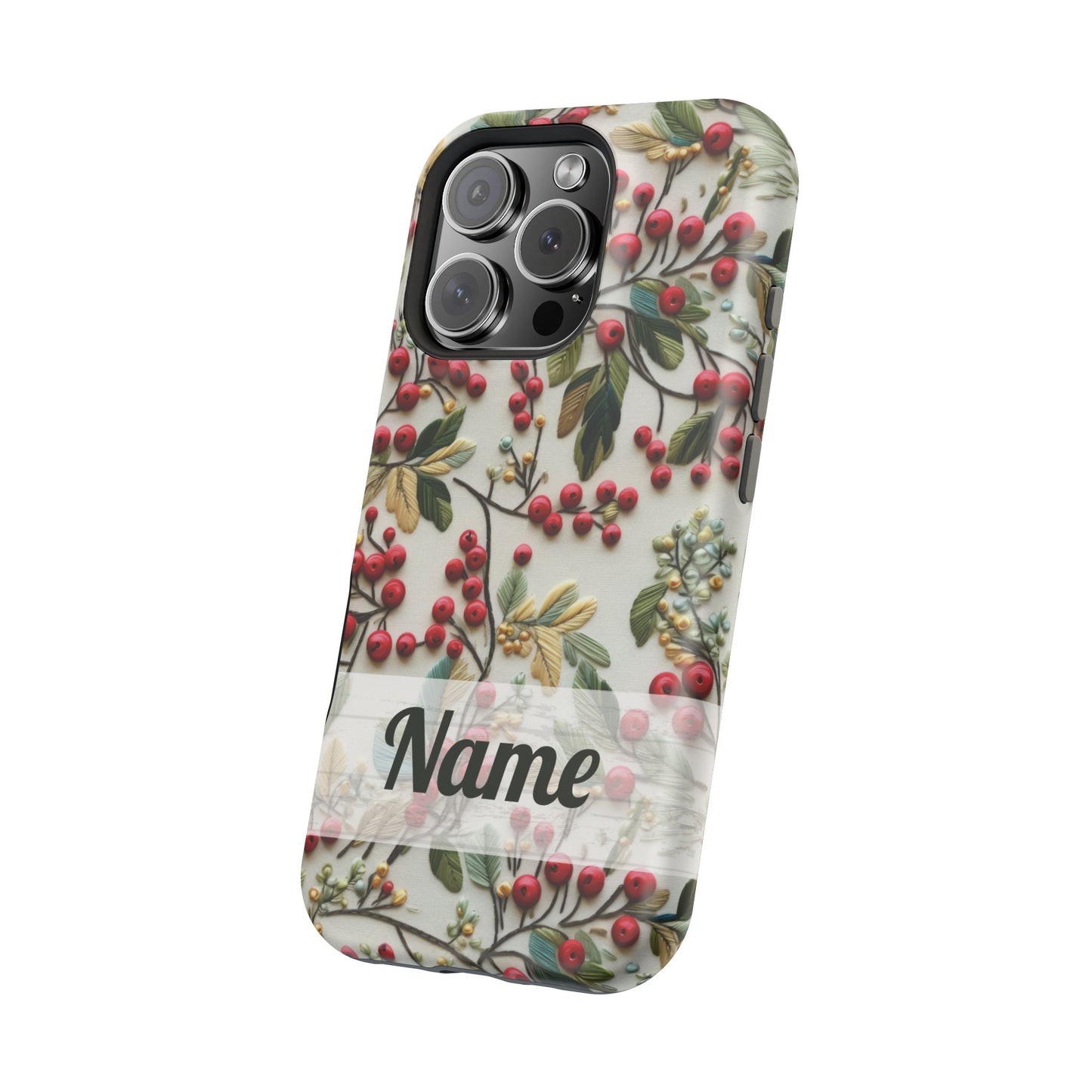 December Birth Month Flower Phone Case Faux Holly Beads Embroidered Custom, Personalized Christmas Winter Magnetic Tough Cases for iPhone