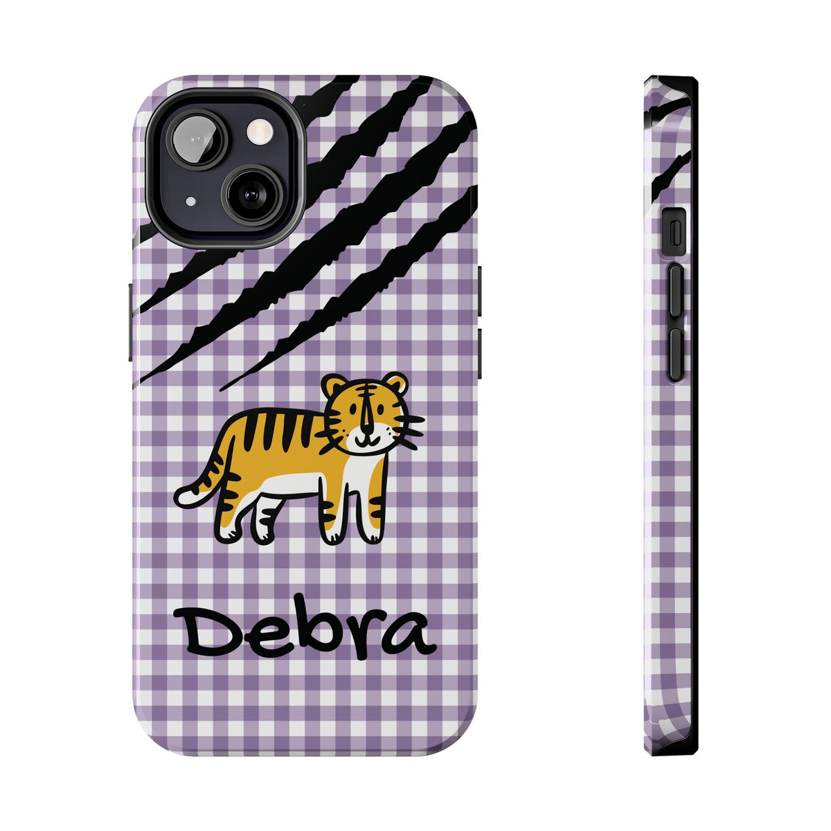Personalized doodle tiger gingham phone case with custom name, for iPhone 13