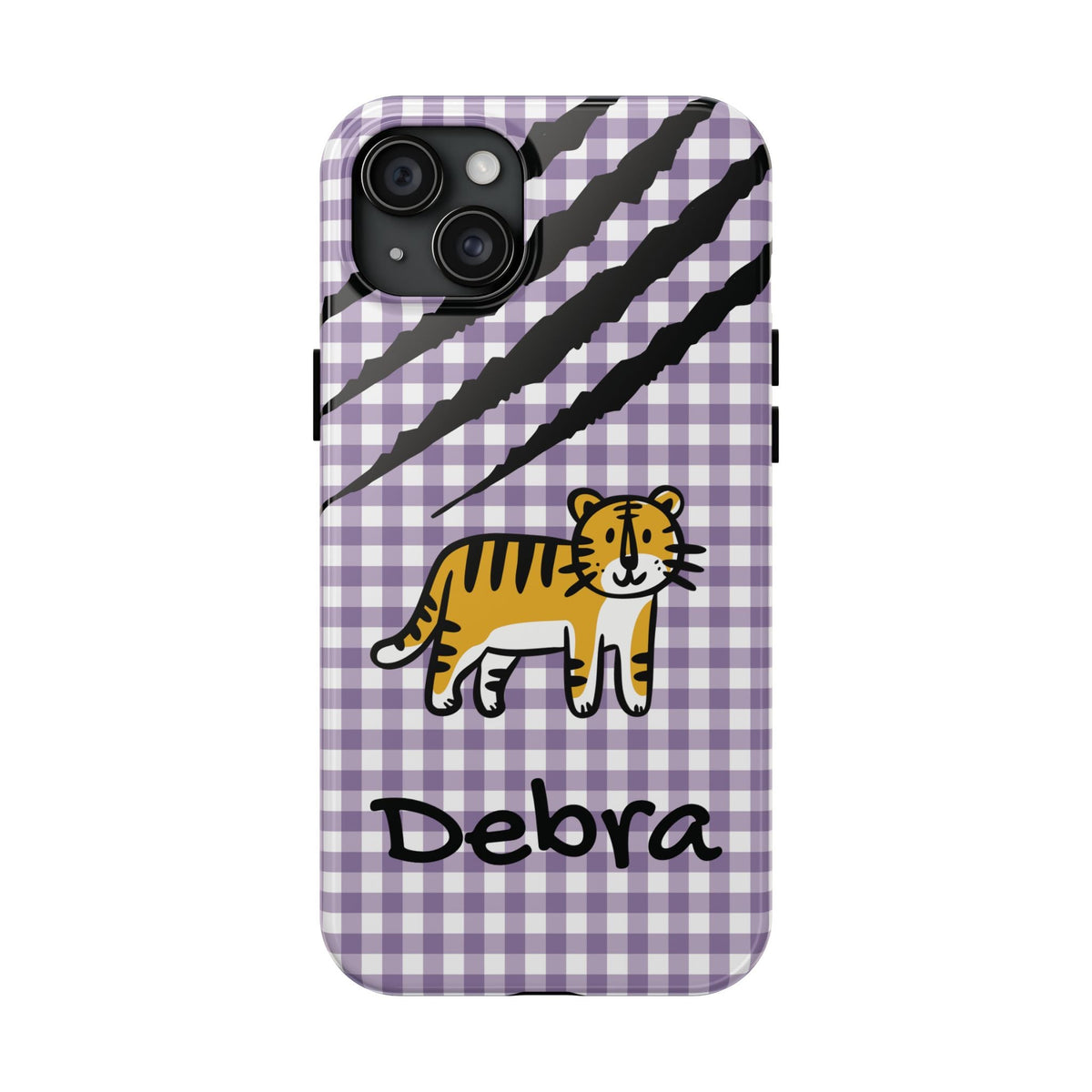 Personalized doodle tiger gingham phone case with custom name, for iPhone 15 Plus