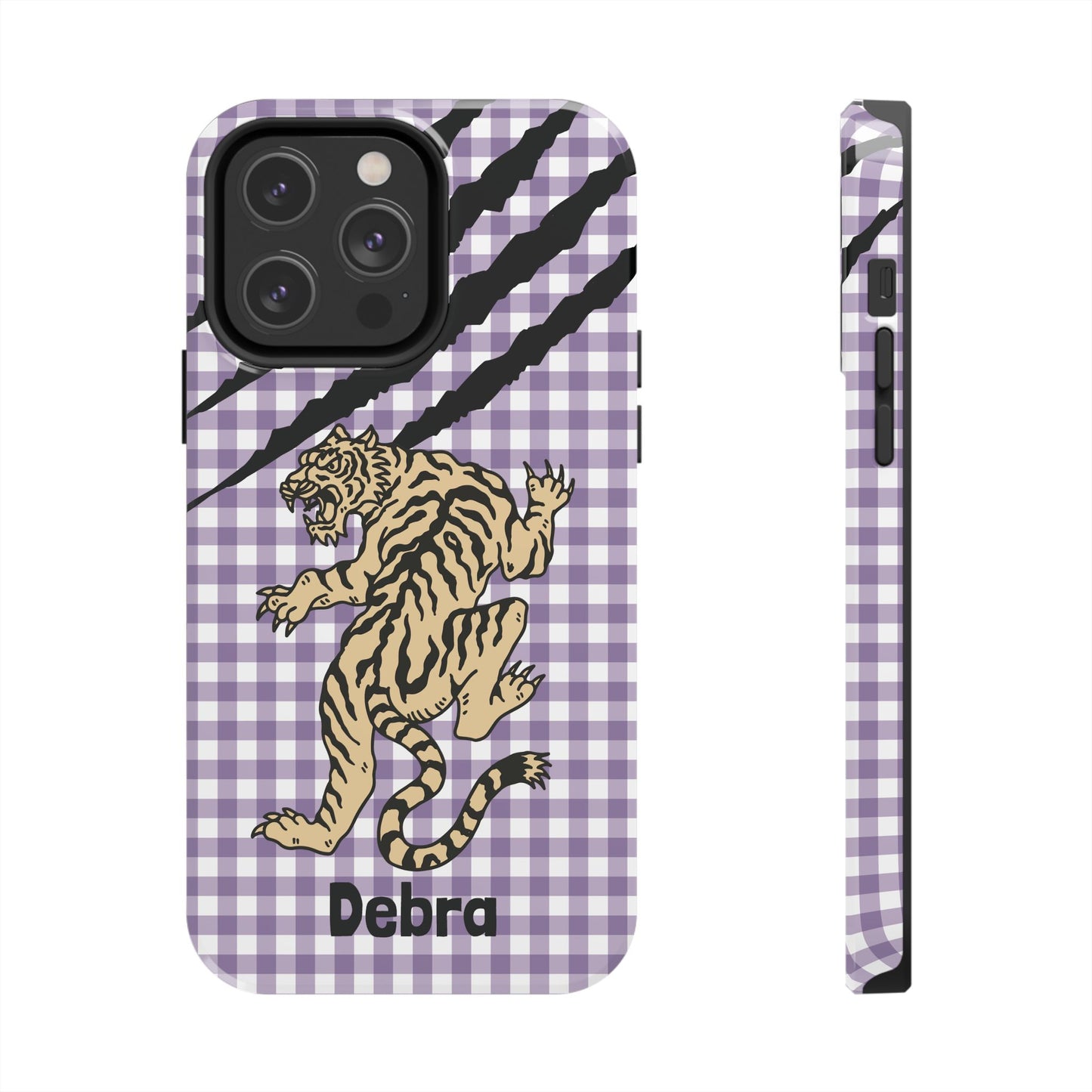 CAJUN DEB Personalized Vintage Tiger Purple Gingham Phone Case – Cute Purple Gingham Tough Phone Case with Claw Marks CAJUN DEB