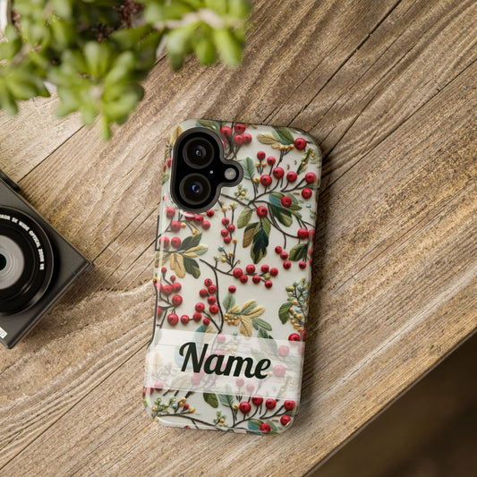 December Birth Month Flower Phone Case Faux Holly Beads Embroidered Custom, Personalized Christmas Winter Magnetic Tough Cases for iPhone