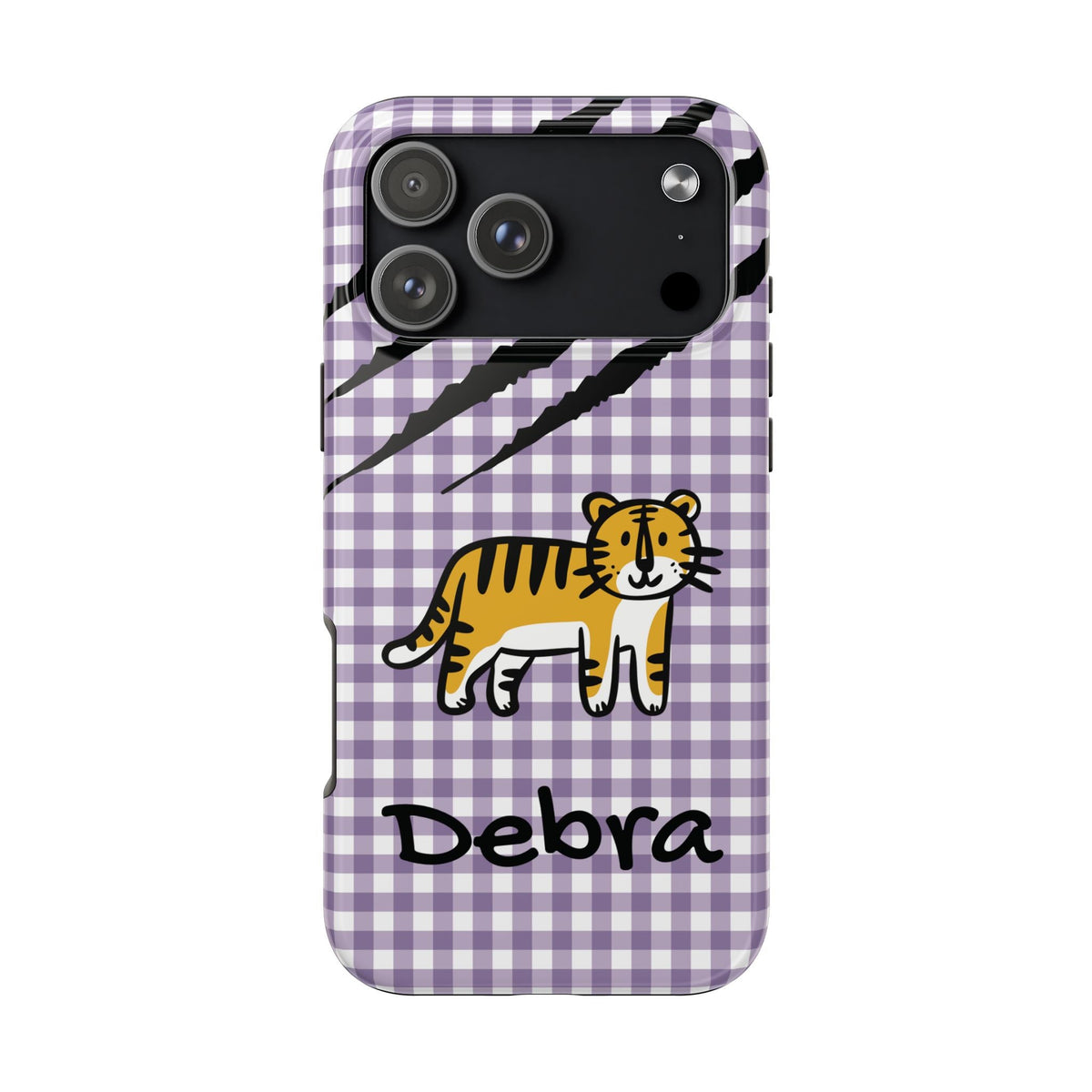 Personalized doodle tiger gingham phone case with custom name, for iPhone 17 Pro Max