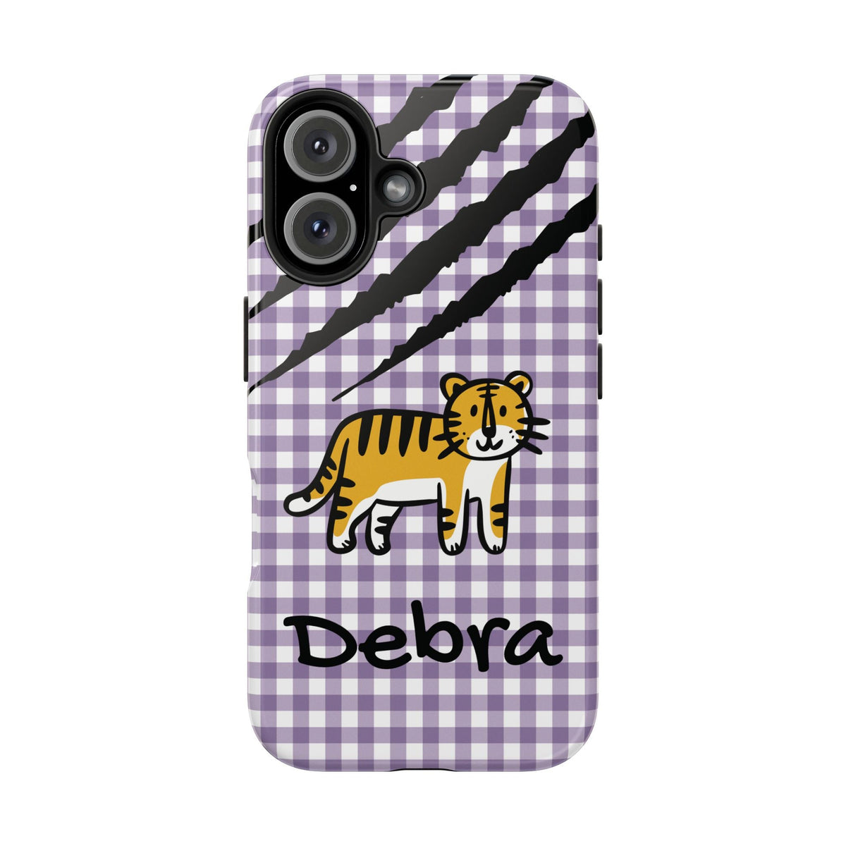 Personalized doodle tiger gingham phone case with custom name, for iPhone 16