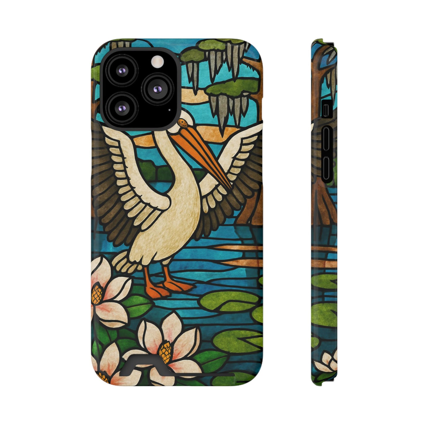 CAJUN DEB MDS Awareness Louisiana Phone Case With Card Holder, Pelican, Faux Stained Glass case, magnolia