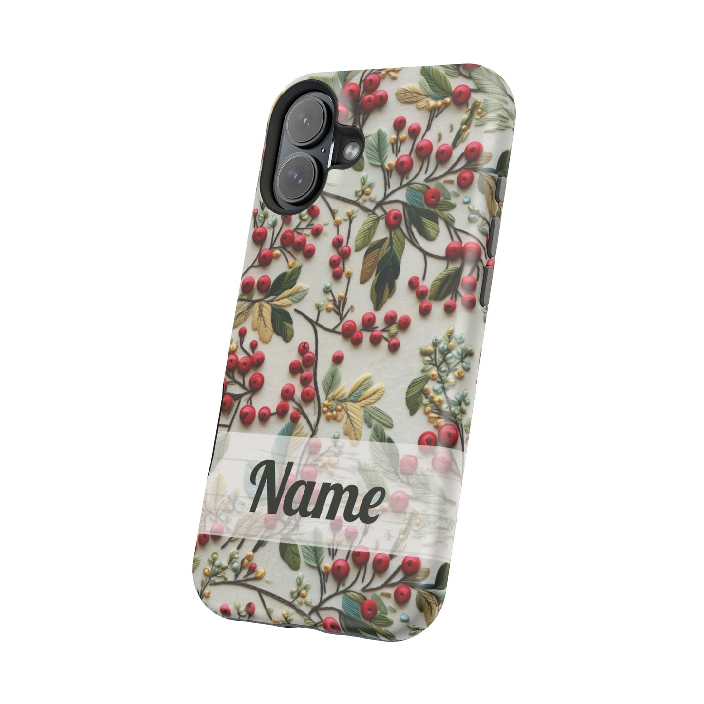 December Birth Month Flower Phone Case Faux Holly Beads Embroidered Custom, Personalized Christmas Winter Magnetic Tough Cases for iPhone