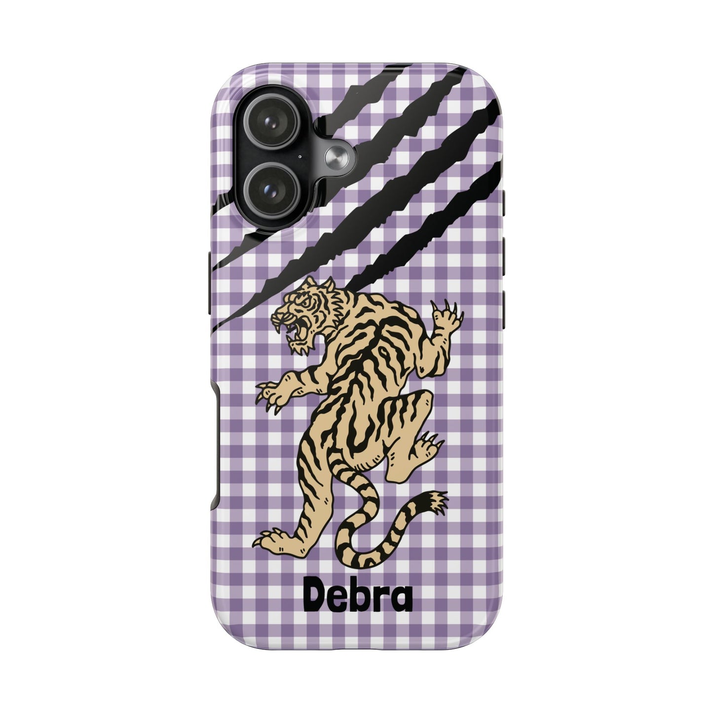 CAJUN DEB Personalized Vintage Tiger Purple Gingham Phone Case – Cute Purple Gingham Tough Phone Case with Claw Marks CAJUN DEB