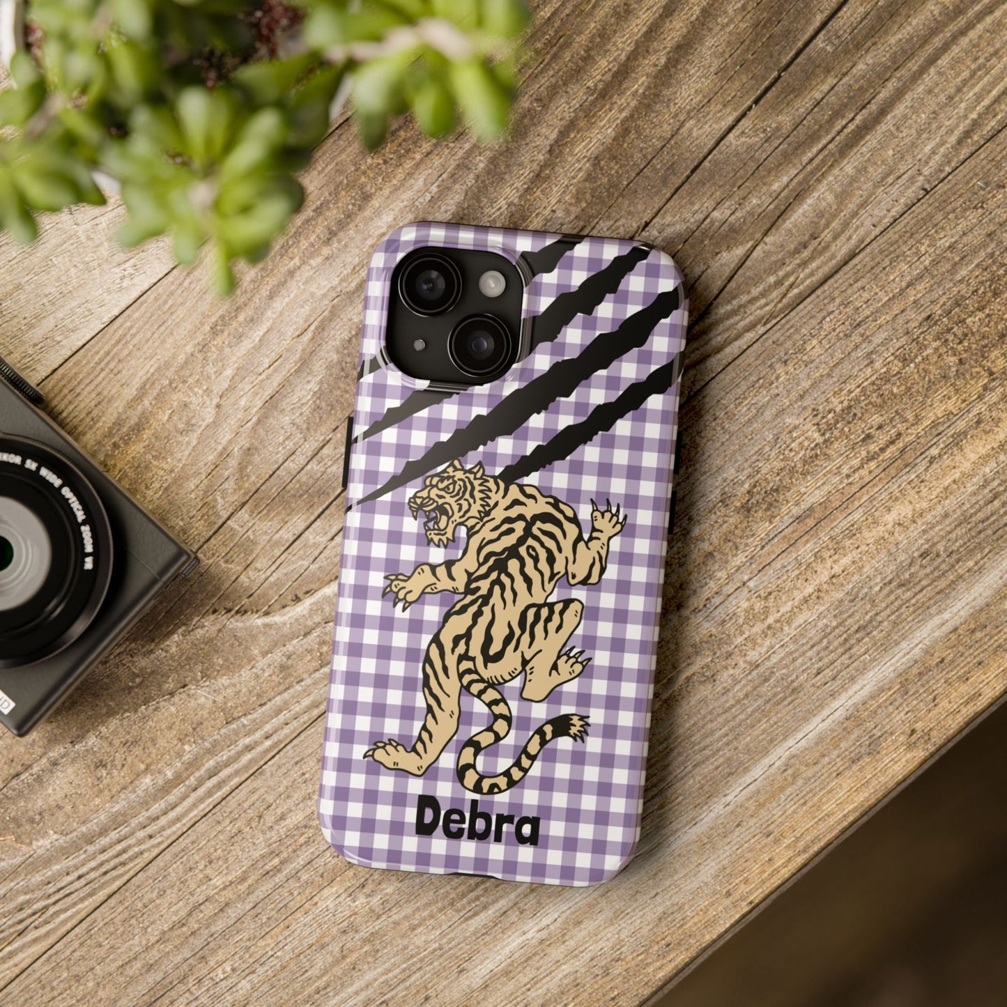CAJUN DEB Personalized Vintage Tiger Purple Gingham Phone Case – Cute Purple Gingham Tough Phone Case with Claw Marks CAJUN DEB
