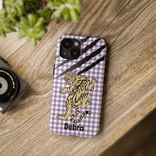CAJUN DEB Personalized Vintage Tiger Purple Gingham Phone Case – Cute Purple Gingham Tough Phone Case with Claw Marks CAJUN DEB