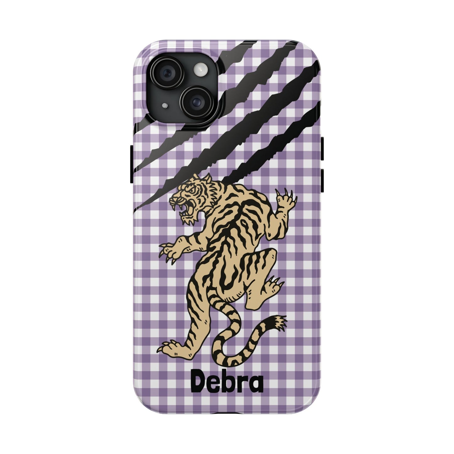 CAJUN DEB Personalized Vintage Tiger Purple Gingham Phone Case – Cute Purple Gingham Tough Phone Case with Claw Marks CAJUN DEB