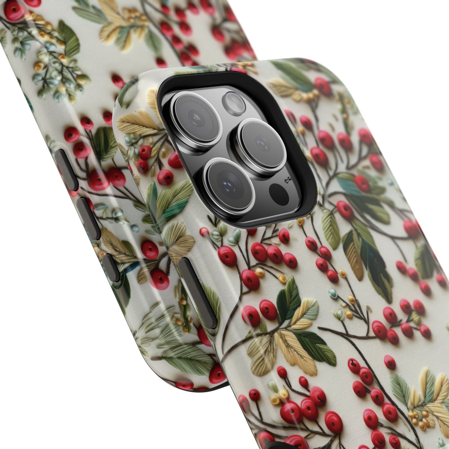 December Birth Month Flower Phone Case Faux Holly Beads Embroidered Custom, Personalized Christmas Winter Magnetic Tough Cases for iPhone