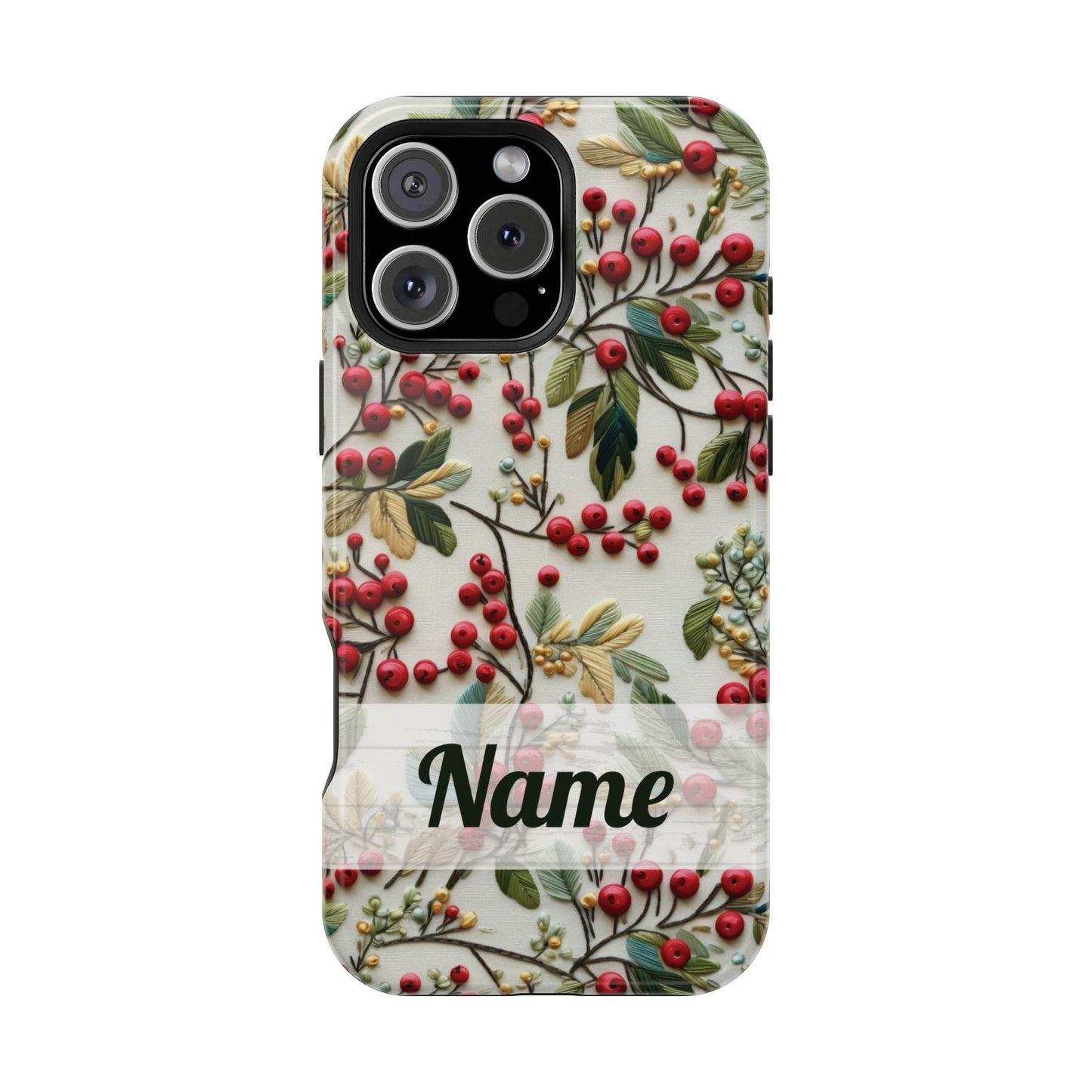 December Birth Month Flower Phone Case Faux Holly Beads Embroidered Custom, Personalized Christmas Winter Magnetic Tough Cases for iPhone