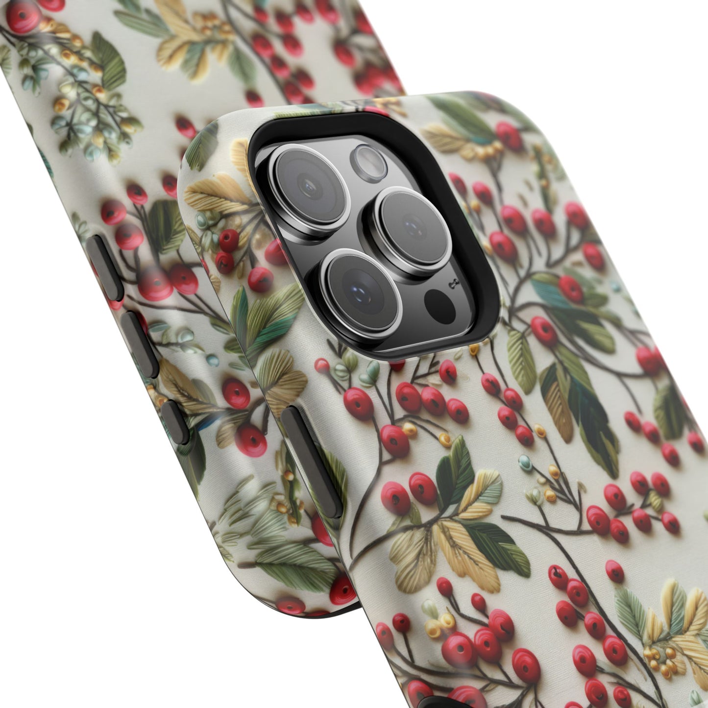 December Birth Month Flower Phone Case Faux Holly Beads Embroidered Custom, Personalized Christmas Winter Magnetic Tough Cases for iPhone