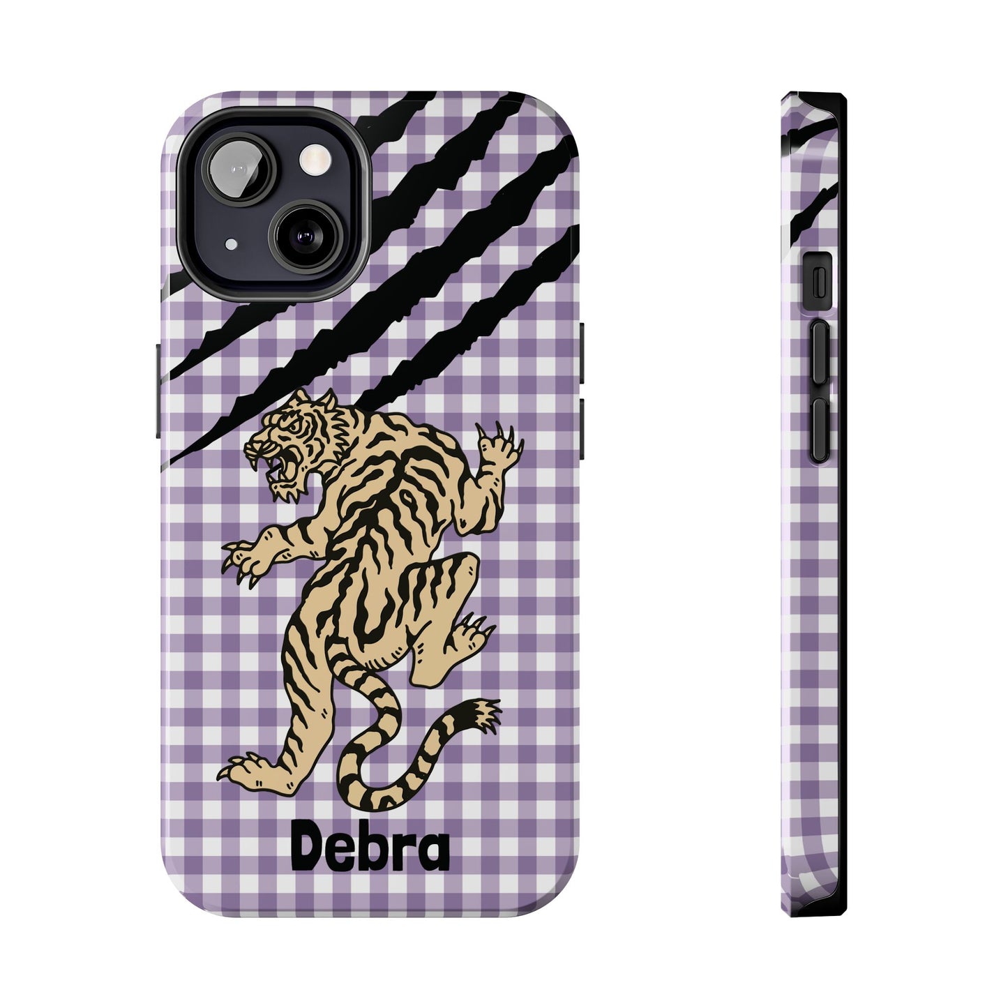 CAJUN DEB Personalized Vintage Tiger Purple Gingham Phone Case – Cute Purple Gingham Tough Phone Case with Claw Marks CAJUN DEB