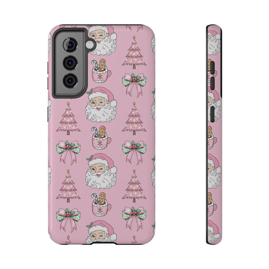 Pink Retro Santa & Coquette Bow Christmas Phone Case - Christmas Phone Case Impact-Resistant Case