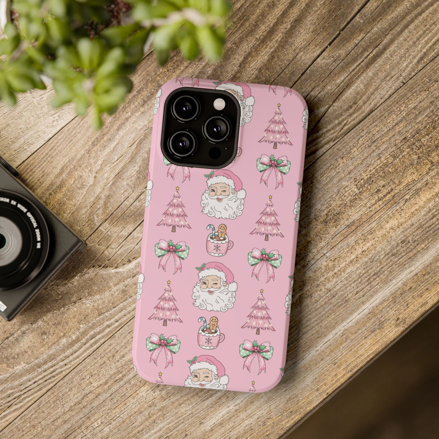 Pink Retro Santa & Coquette Bow Christmas Phone Case - Christmas Phone Case Impact-Resistant Case