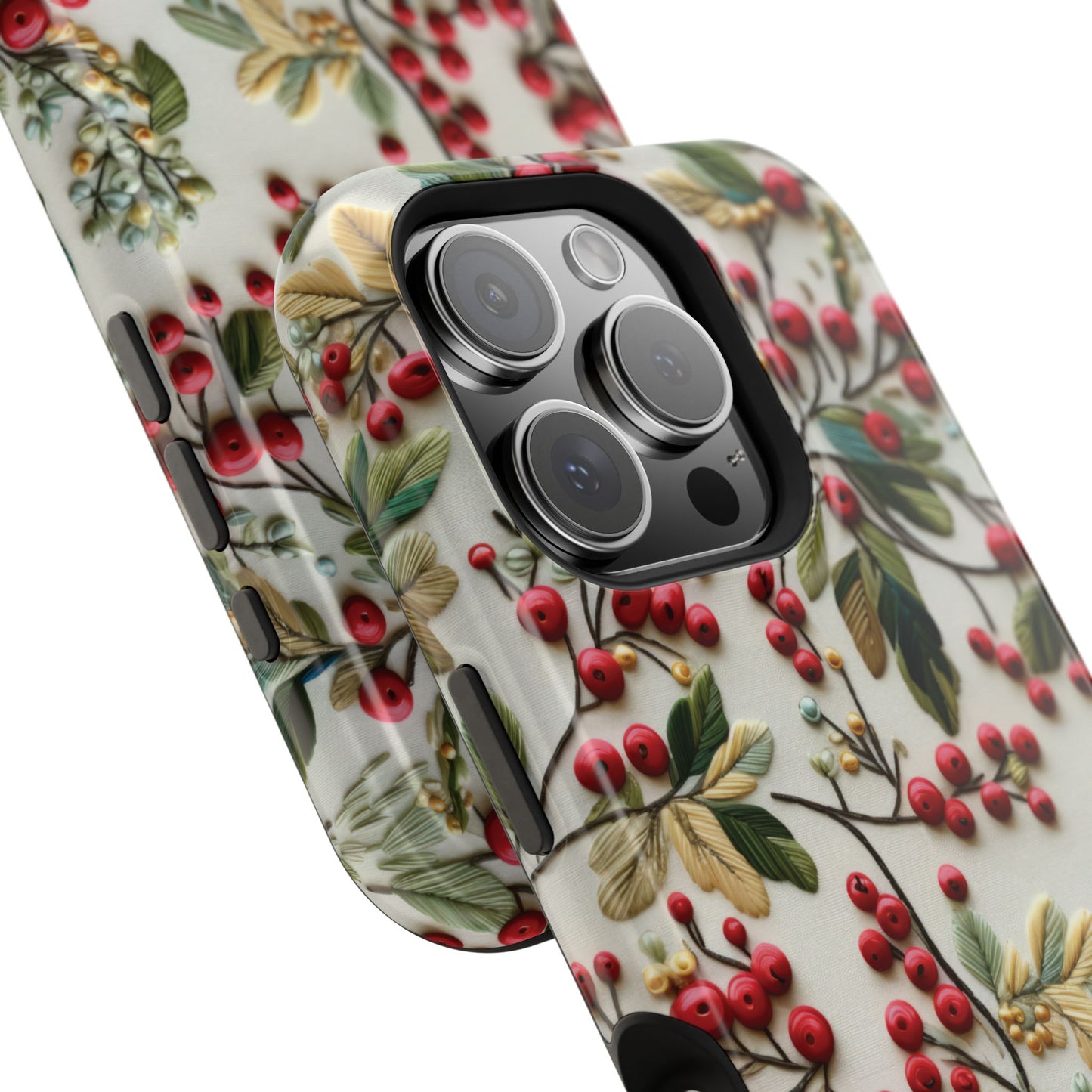 December Birth Month Flower Phone Case Faux Holly Beads Embroidered Custom, Personalized Christmas Winter Magnetic Tough Cases for iPhone