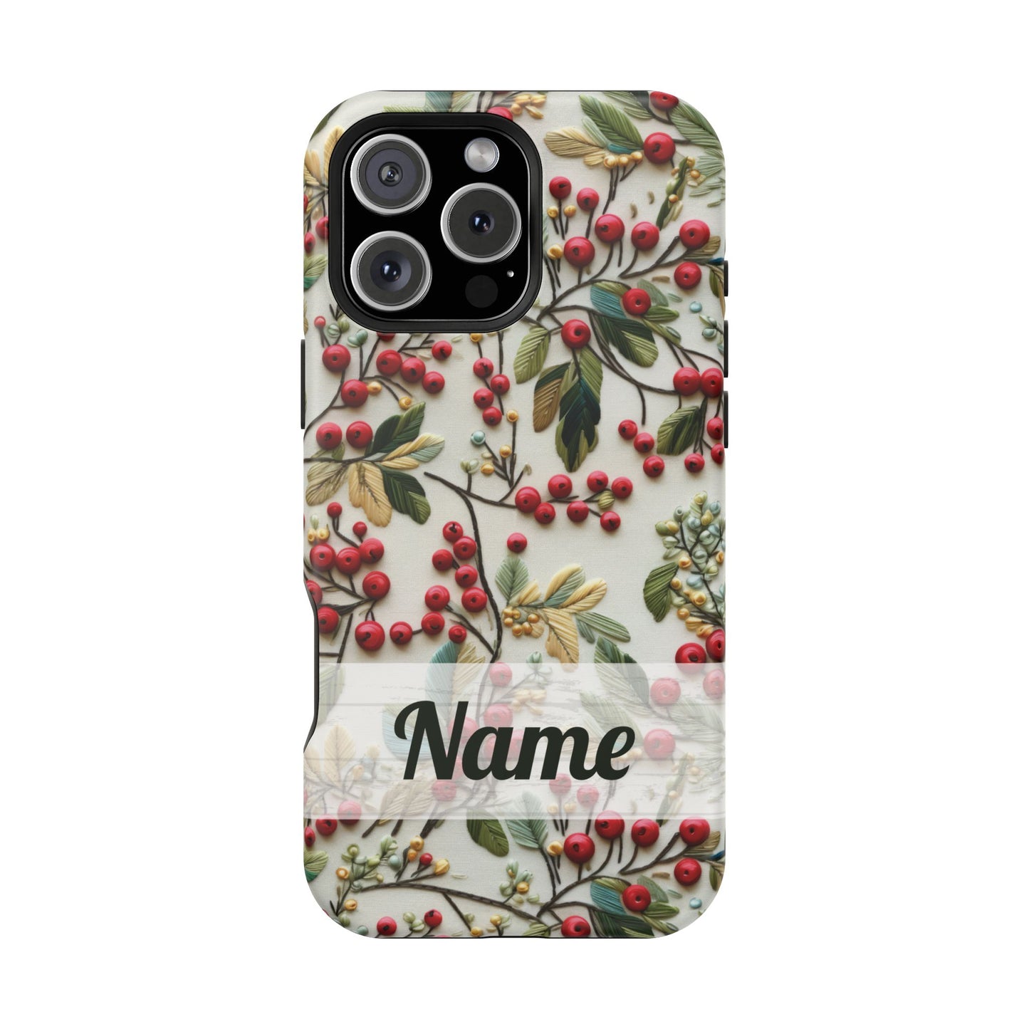 December Birth Month Flower Phone Case Faux Holly Beads Embroidered Custom, Personalized Christmas Winter Magnetic Tough Cases for iPhone
