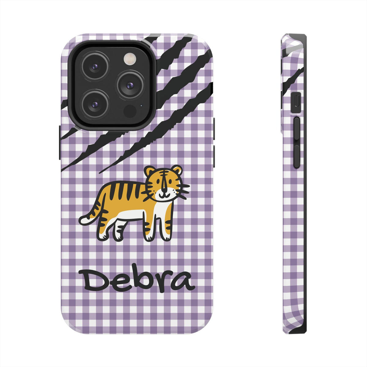 Personalized doodle tiger gingham phone case with custom name, for iPhone 14 Pro