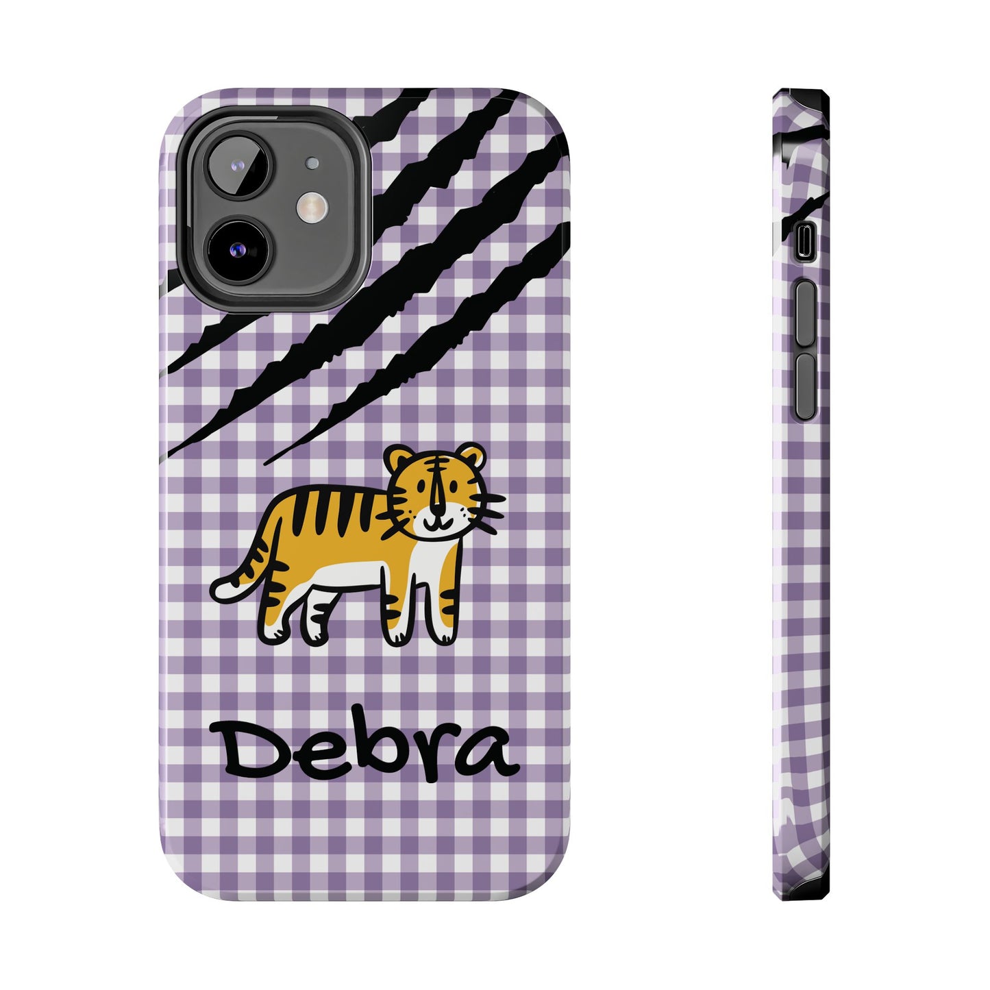 CAJUN DEB Personalized Tiger Purple Gingham Phone Case – Cute Purple Gingham Tough Phone Case with Claw Marks CAJUN DEB
