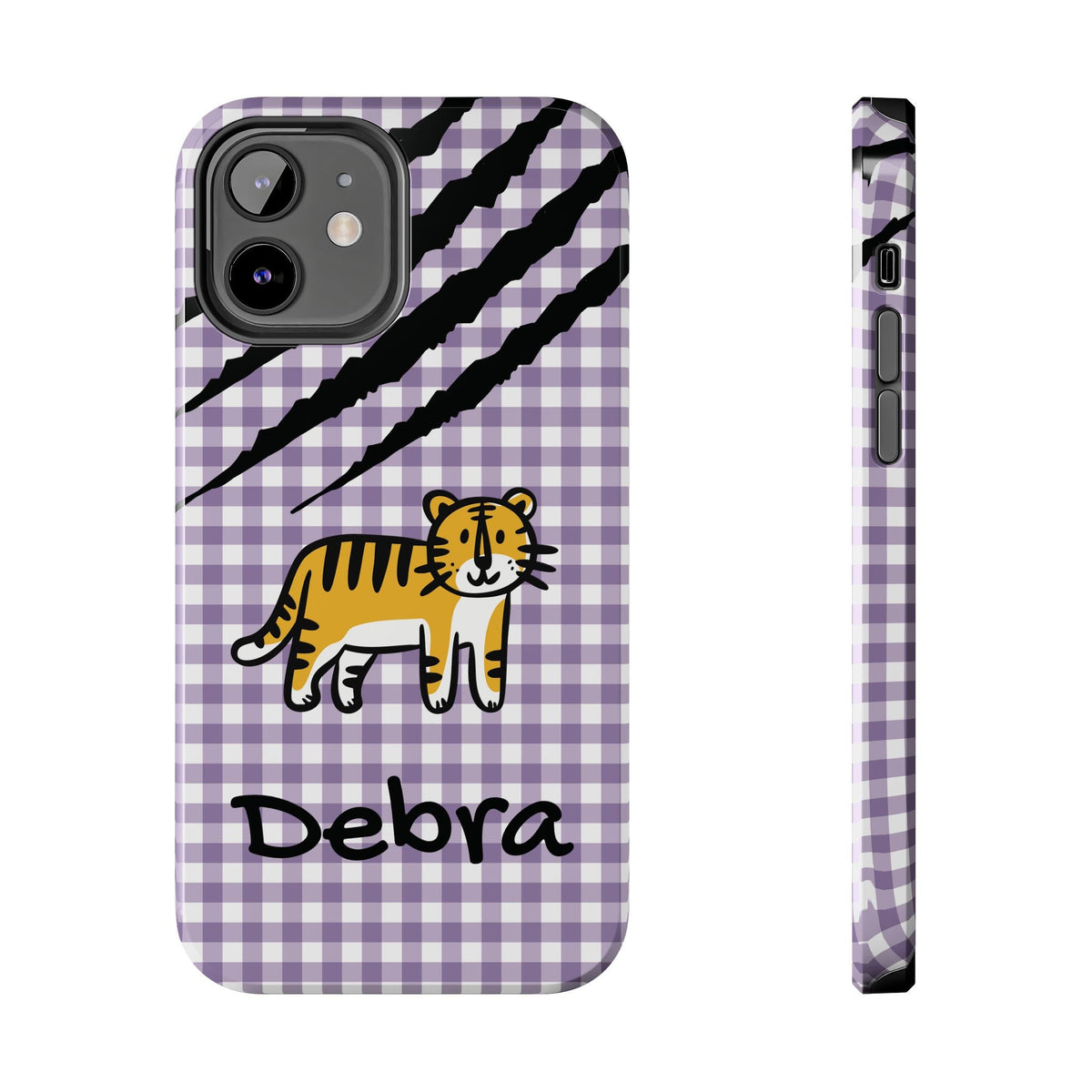 Personalized doodle tiger gingham phone case with custom name, for iPhone 12