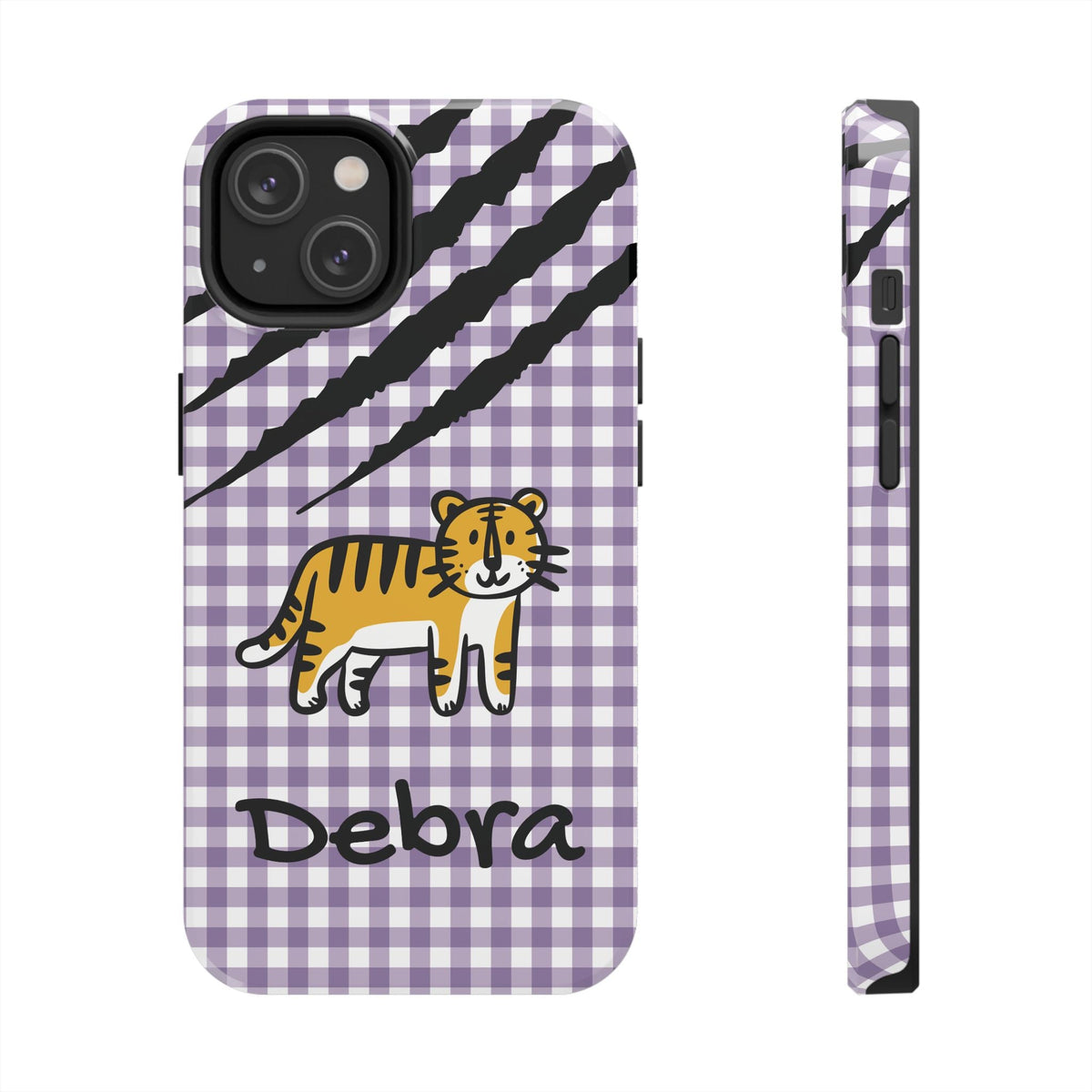 Personalized doodle tiger gingham phone case with custom name, for iPhone 14