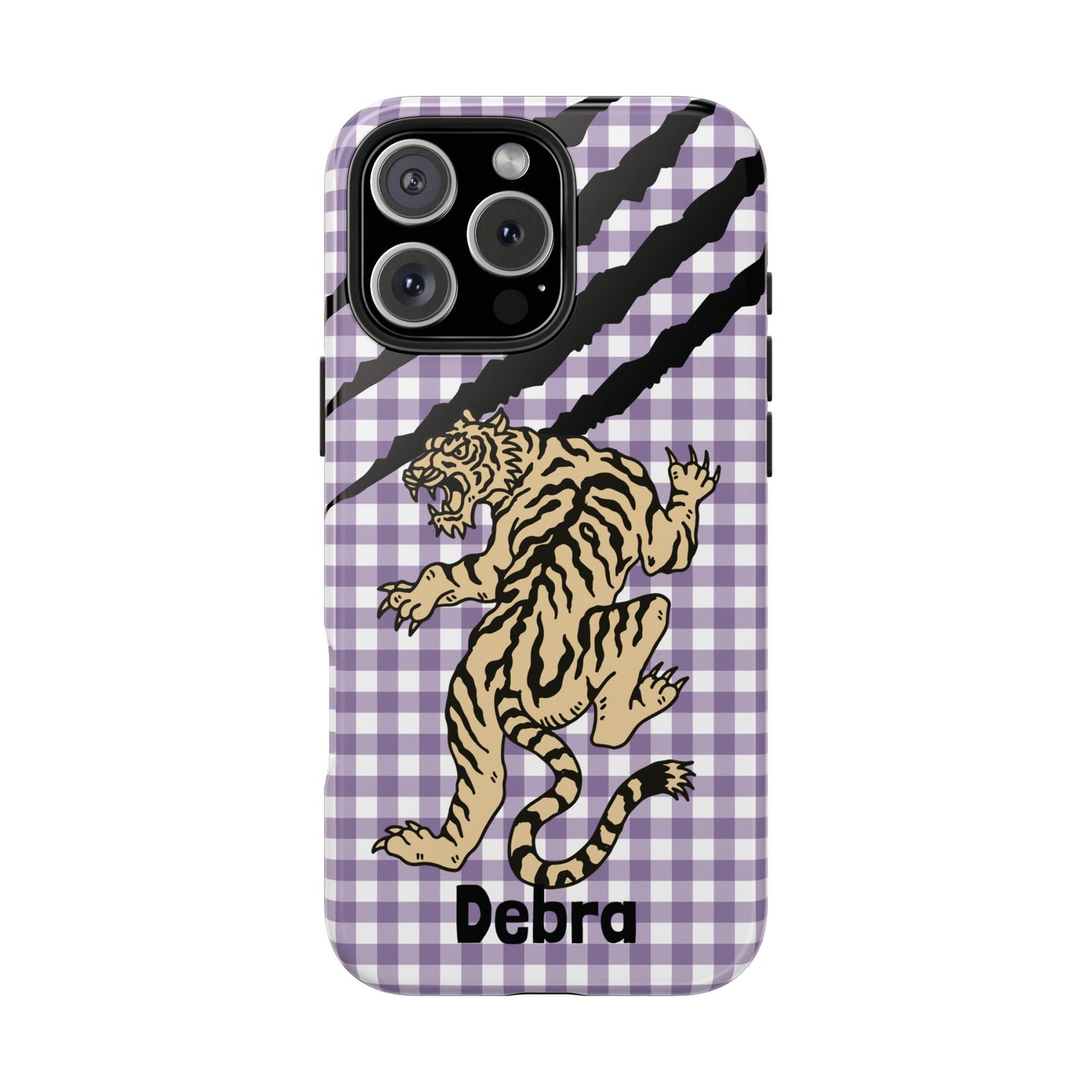 CAJUN DEB Personalized Vintage Tiger Purple Gingham Phone Case – Cute Purple Gingham Tough Phone Case with Claw Marks CAJUN DEB