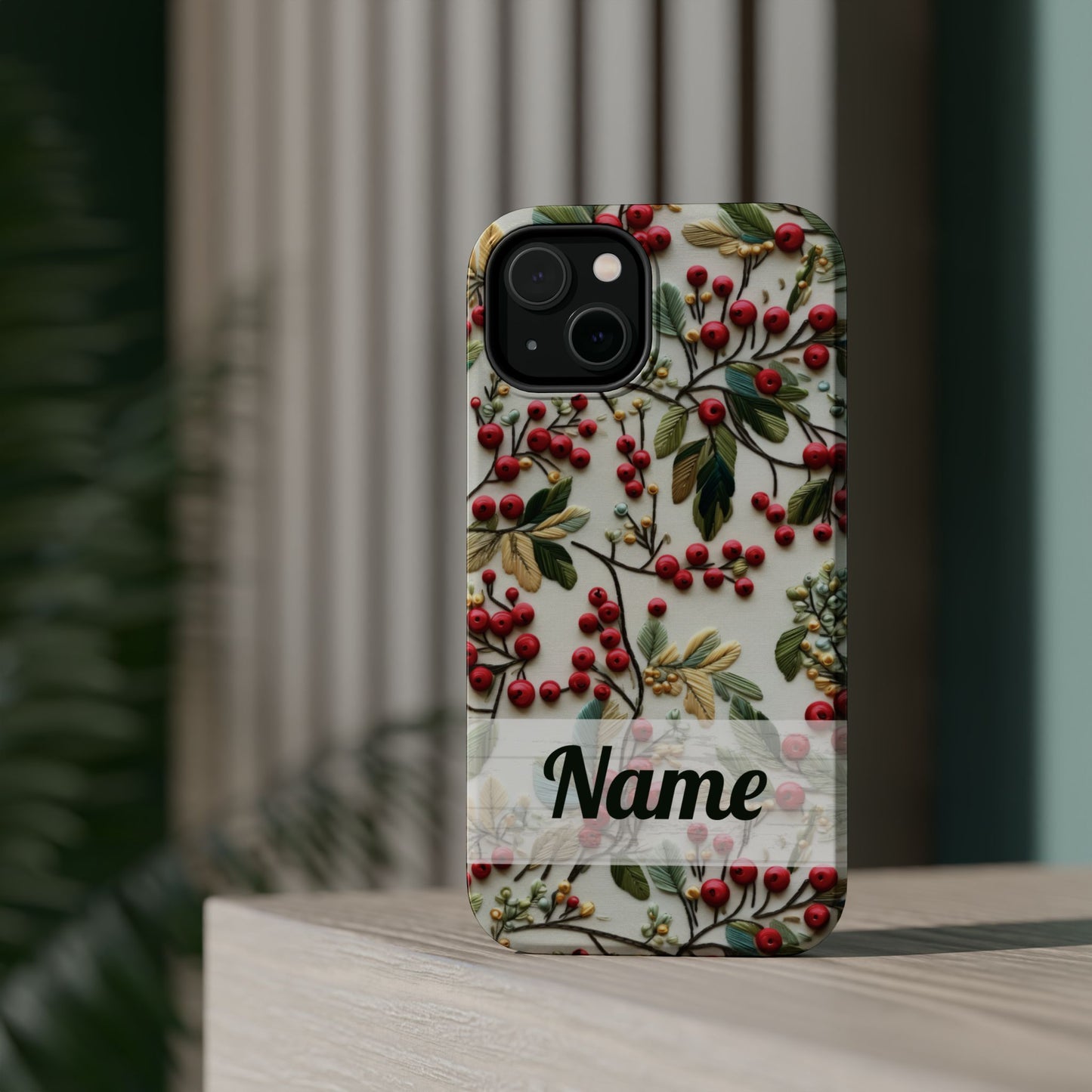 December Birth Month Flower Phone Case Faux Holly Beads Embroidered Custom, Personalized Christmas Winter Magnetic Tough Cases for iPhone