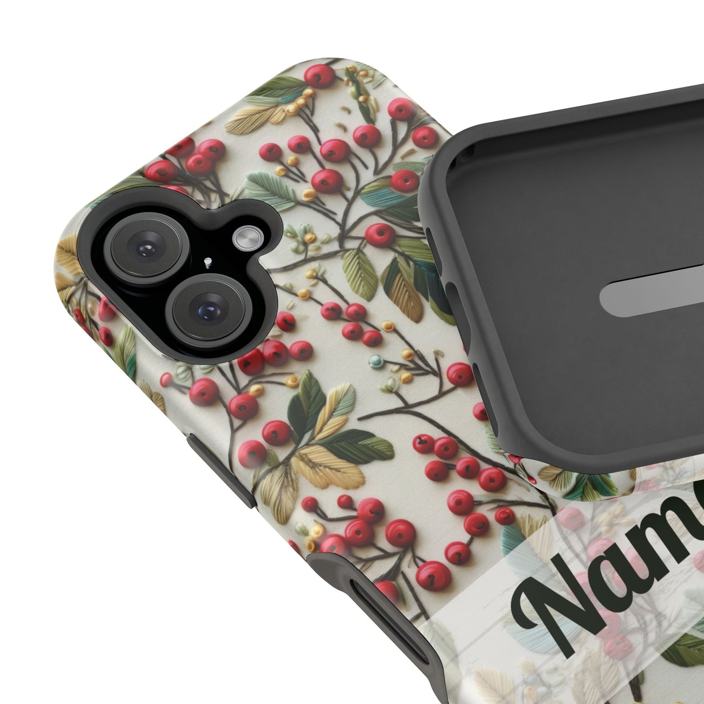 December Birth Month Flower Phone Case Faux Holly Beads Embroidered Custom, Personalized Christmas Winter Magnetic Tough Cases for iPhone