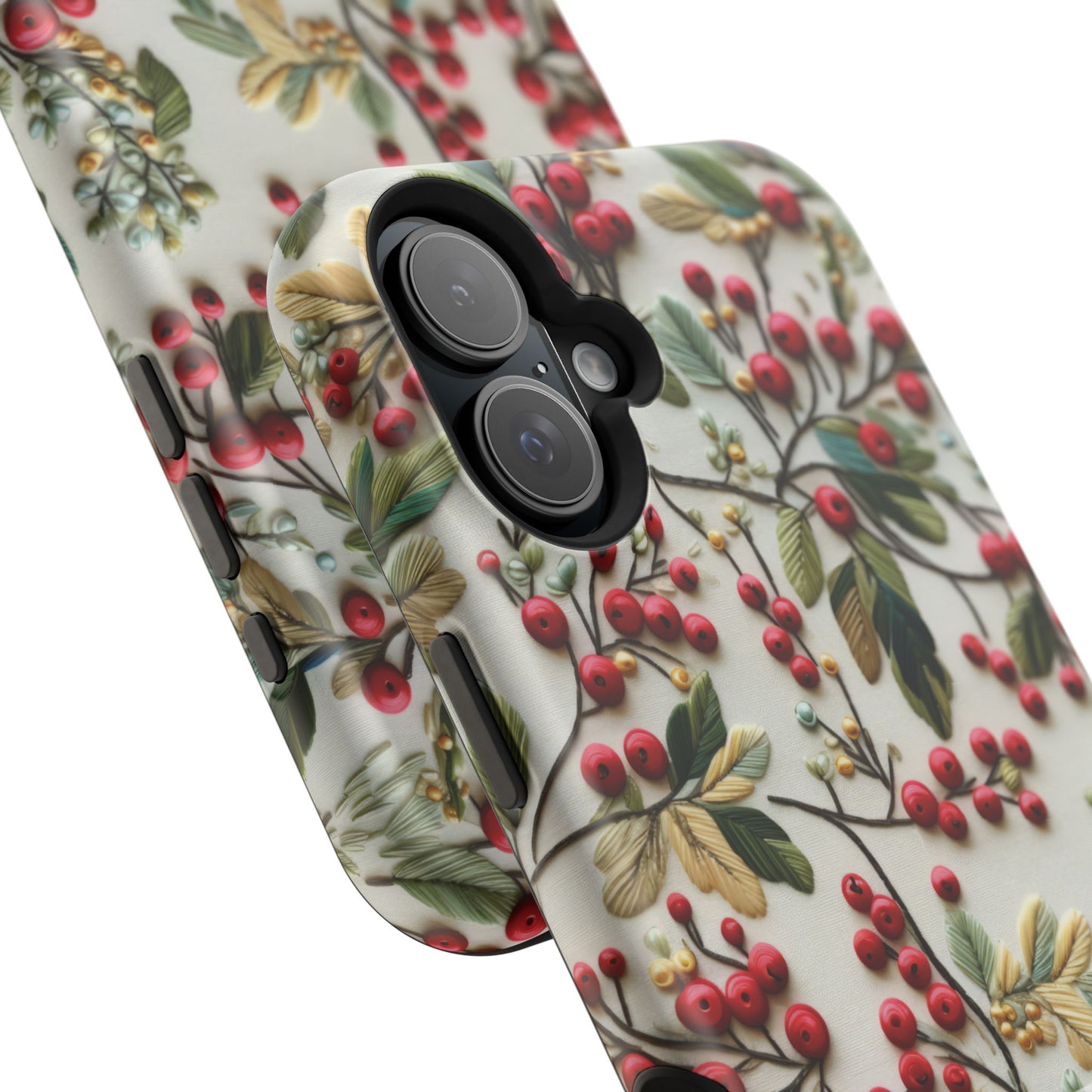 December Birth Month Flower Phone Case Faux Holly Beads Embroidered Custom, Personalized Christmas Winter Magnetic Tough Cases for iPhone