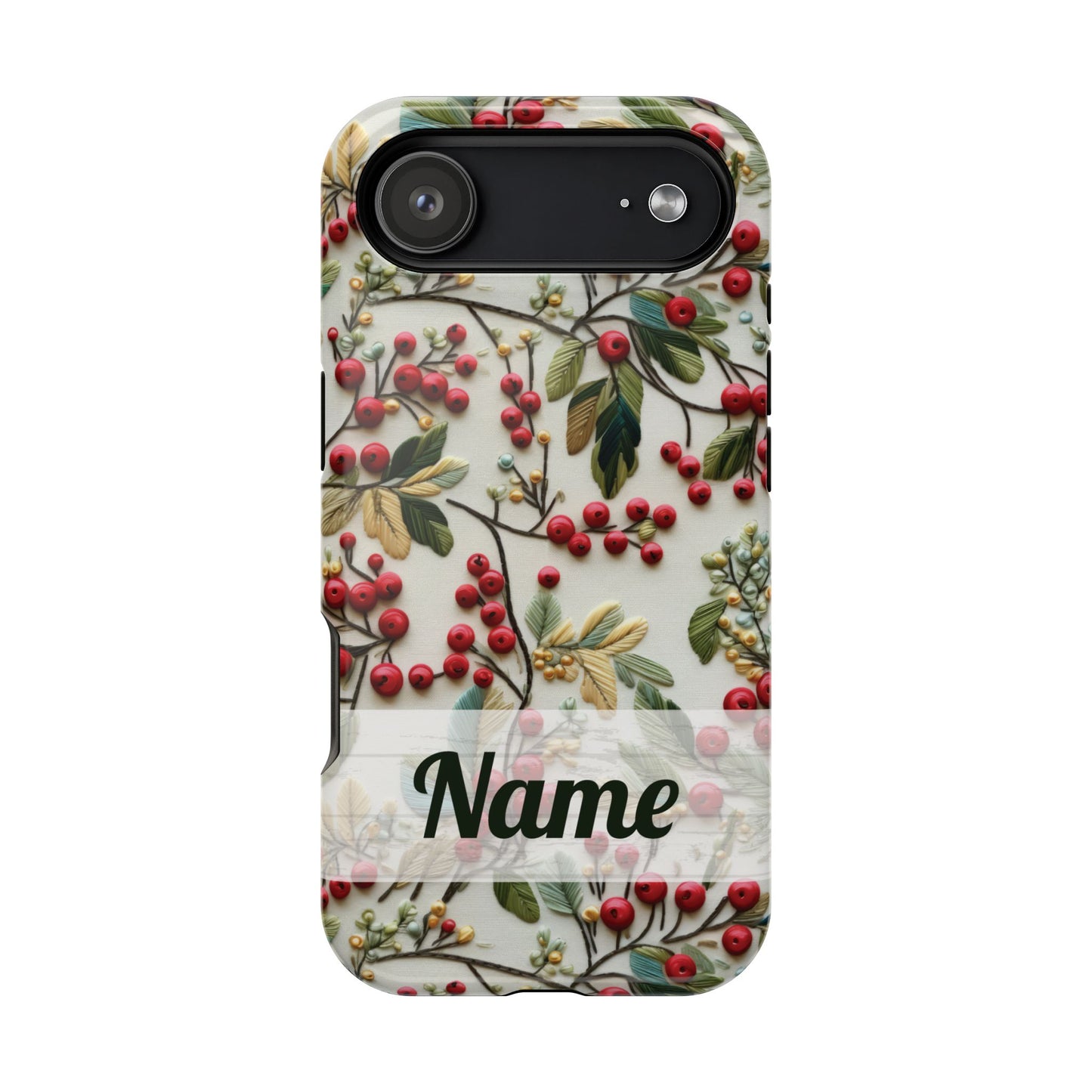 December Birth Month Flower Phone Case Faux Holly Beads Embroidered Custom, Personalized Christmas Winter Magnetic Tough Cases for iPhone