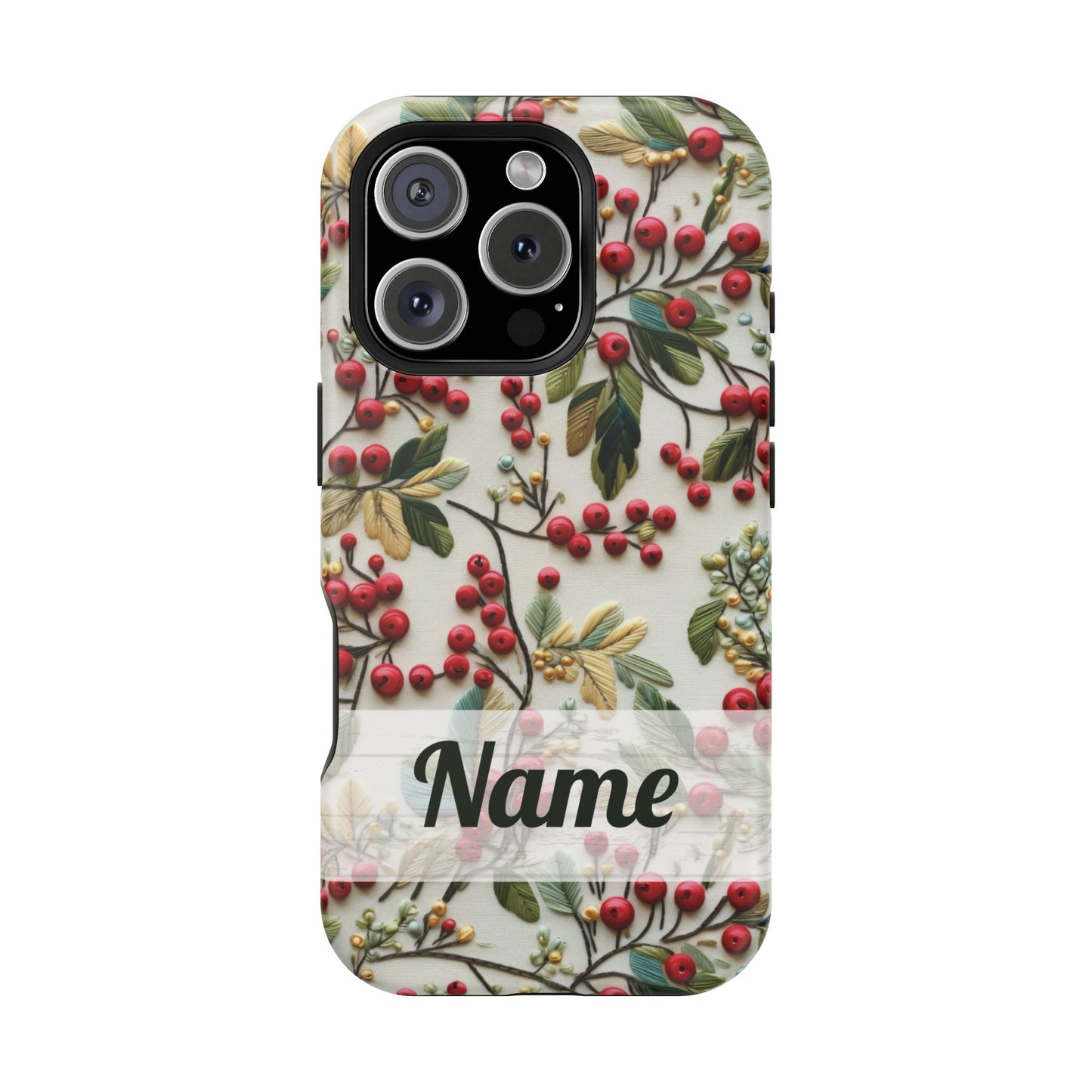December Birth Month Flower Phone Case Faux Holly Beads Embroidered Custom, Personalized Christmas Winter Magnetic Tough Cases for iPhone