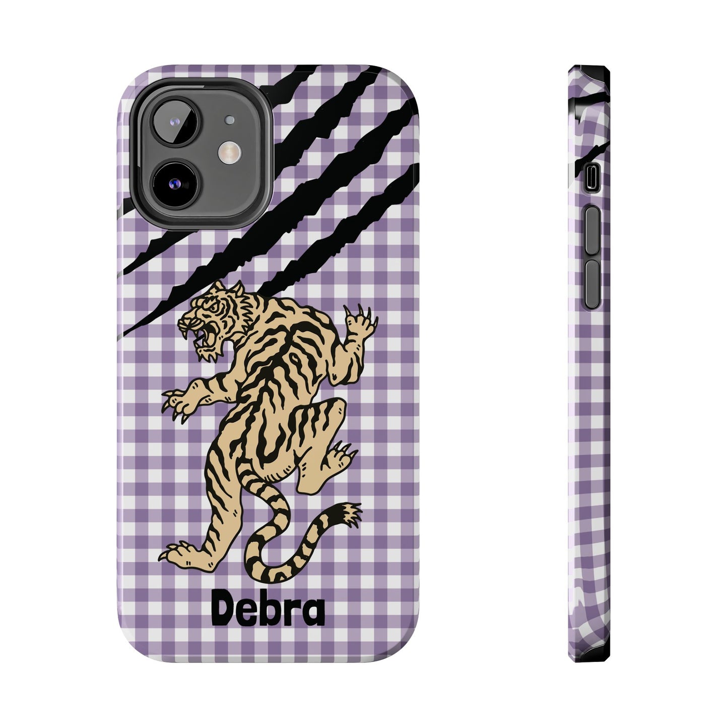 CAJUN DEB Personalized Vintage Tiger Purple Gingham Phone Case – Cute Purple Gingham Tough Phone Case with Claw Marks CAJUN DEB
