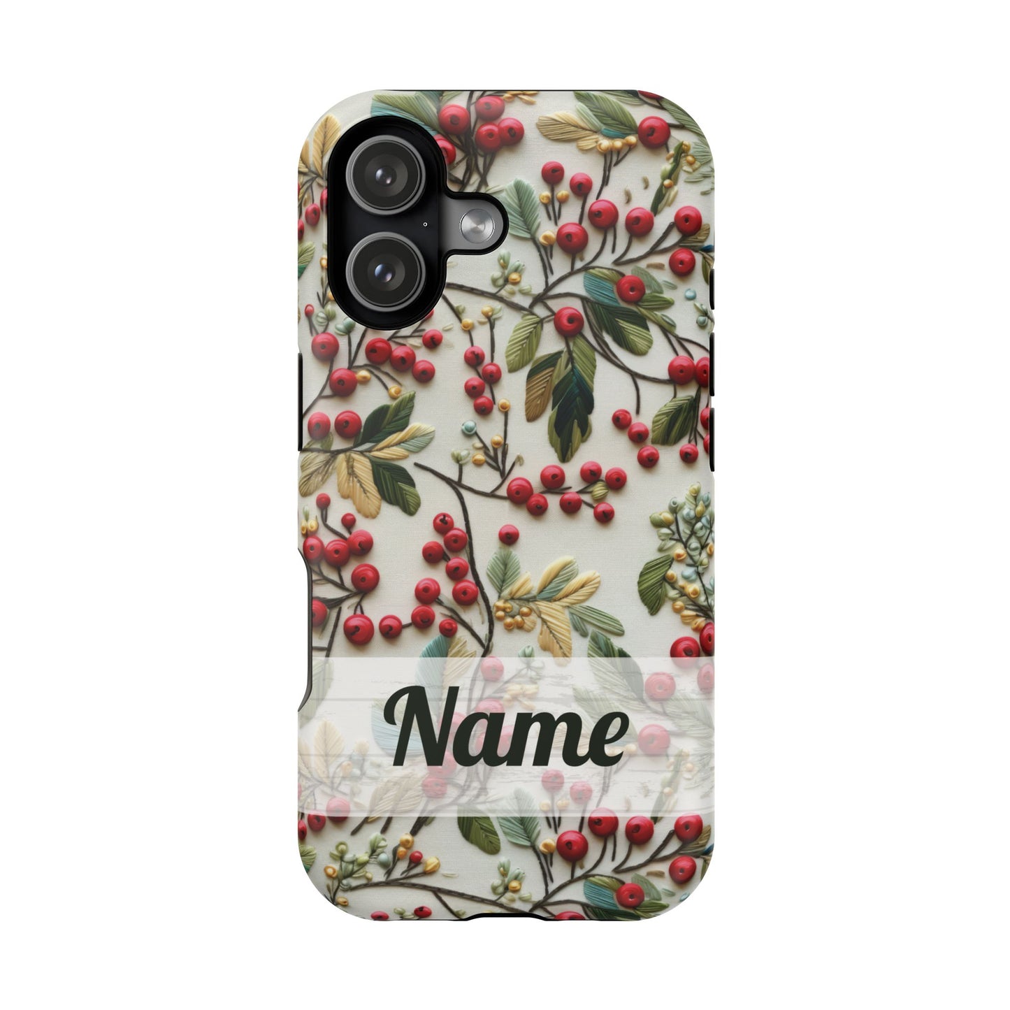 December Birth Month Flower Phone Case Faux Holly Beads Embroidered Custom, Personalized Christmas Winter Magnetic Tough Cases for iPhone