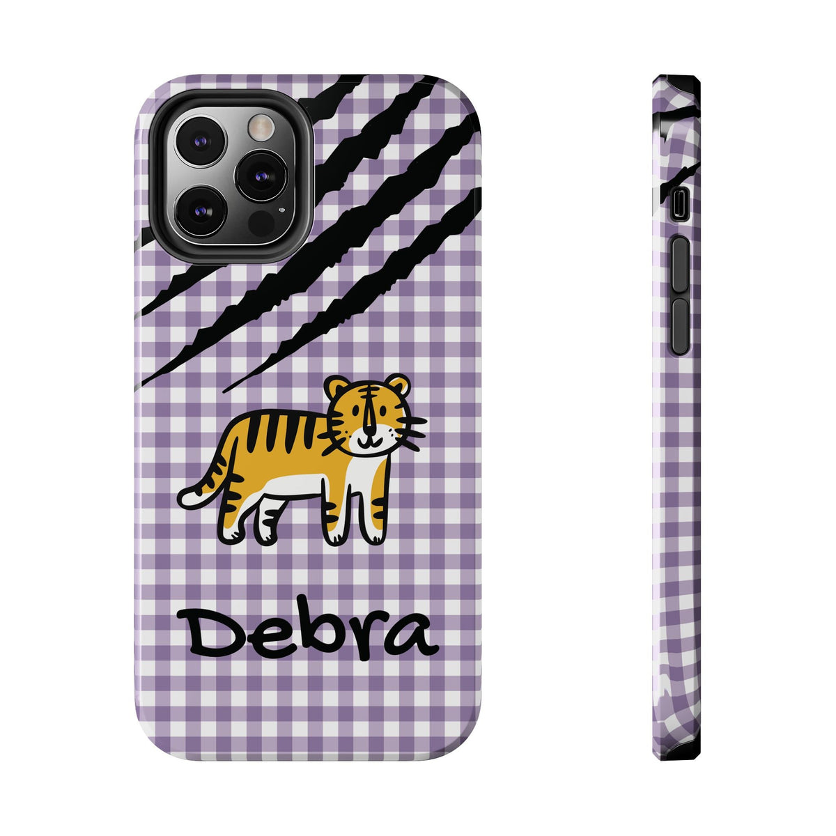 Personalized doodle tiger gingham phone case with custom name, for iPhone 12 Pro