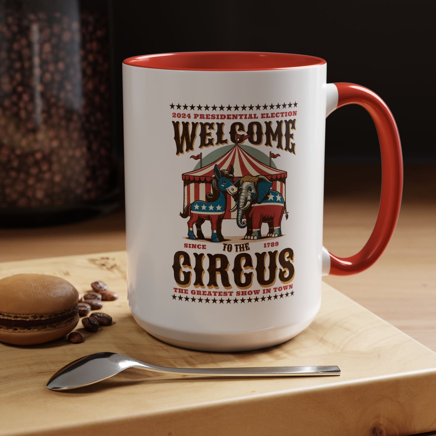 Political Circus Coffee Mug (11, 15oz) - Republican Democrat Independent Elephant Donkey