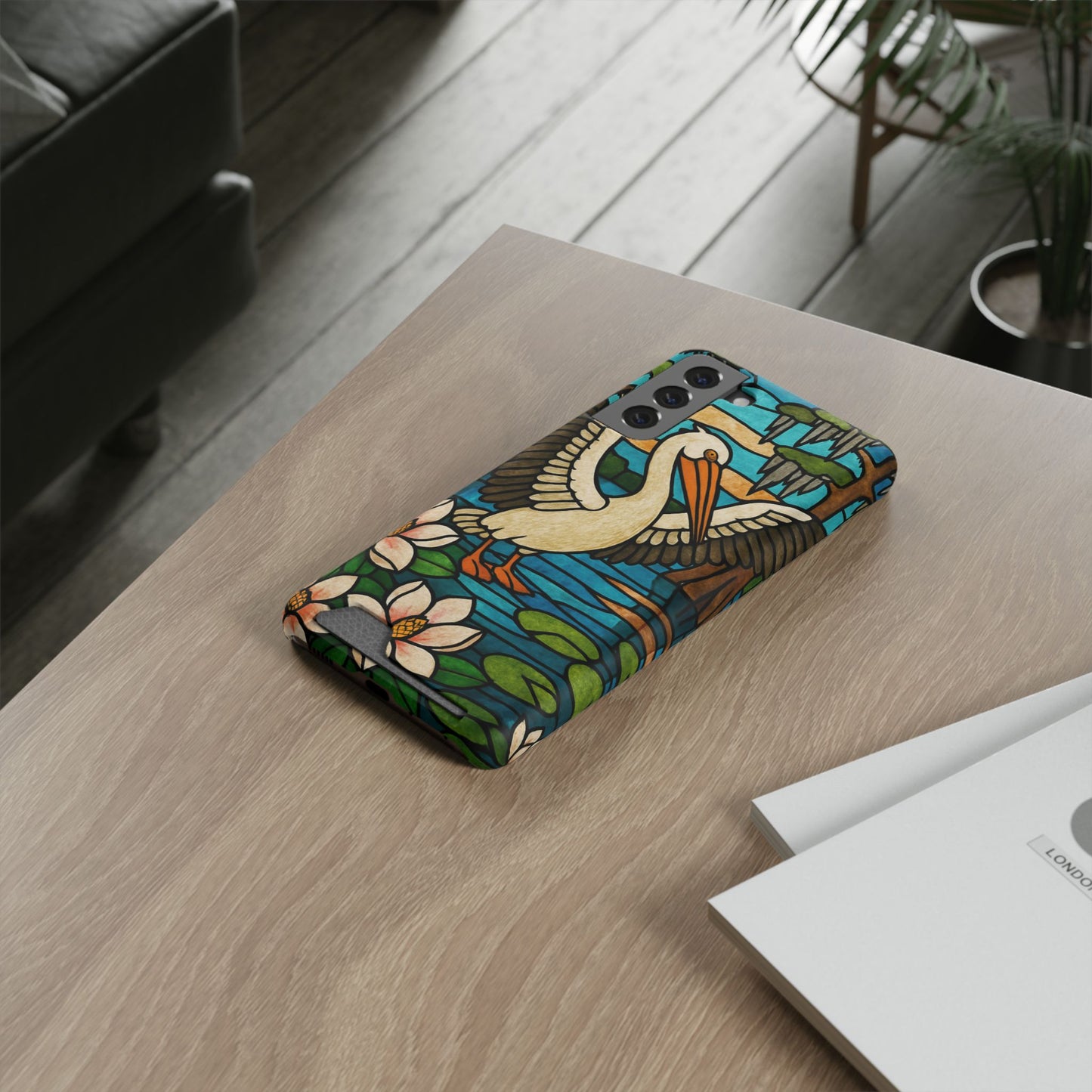 CAJUN DEB MDS Awareness Louisiana Phone Case With Card Holder, Pelican, Faux Stained Glass case, magnolia