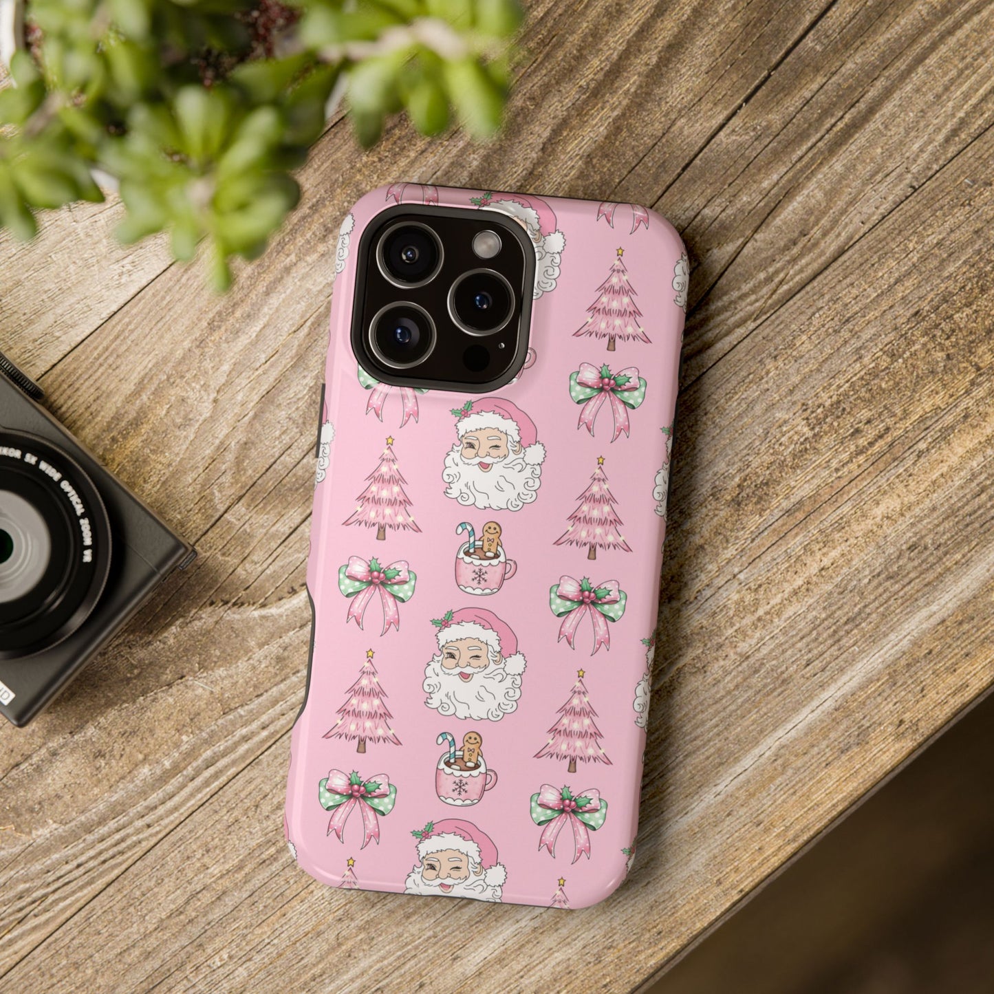 Pink Retro Santa & Coquette Bow Christmas Phone Case - Christmas Phone Case Impact-Resistant Case