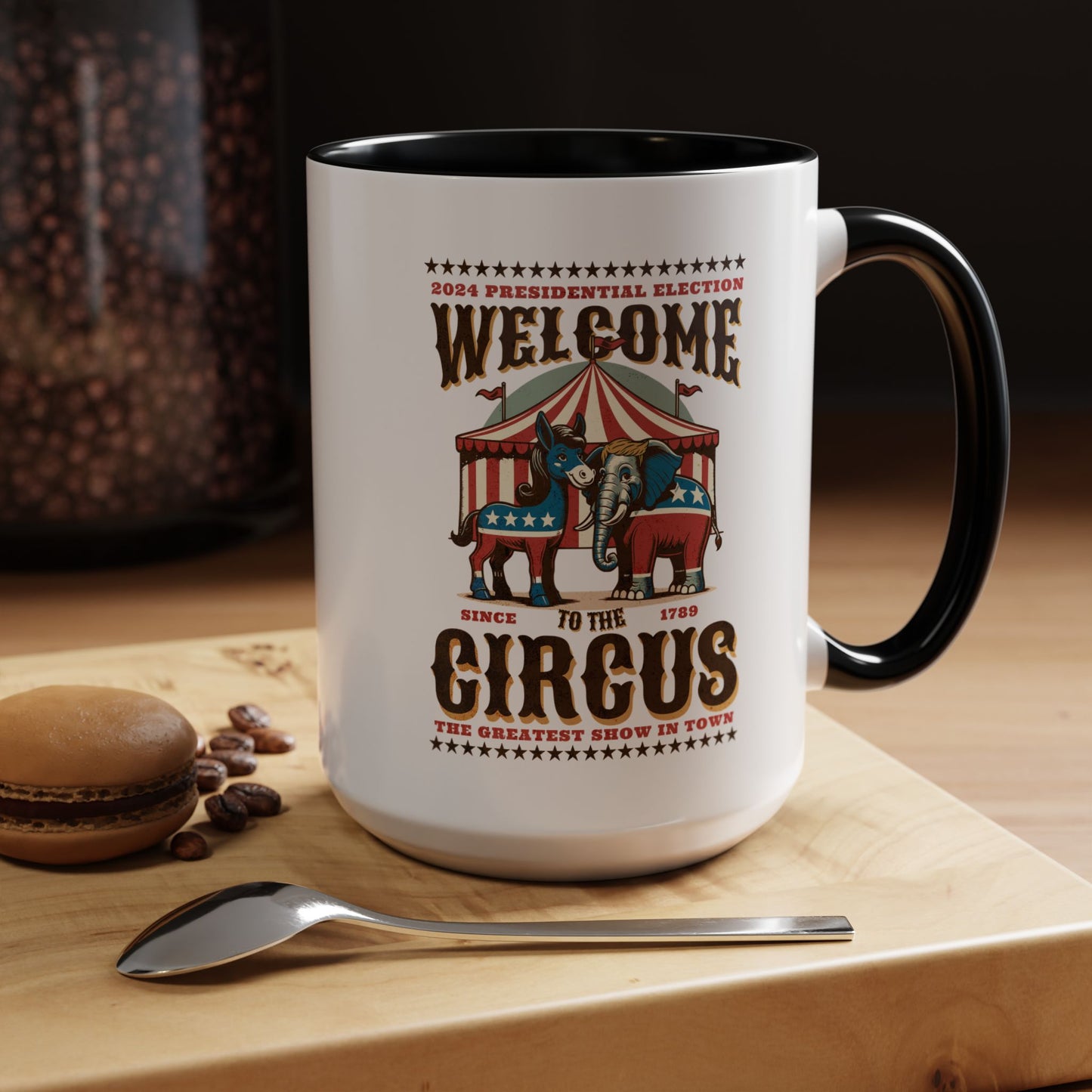 Political Circus Coffee Mug (11, 15oz) - Republican Democrat Independent Elephant Donkey