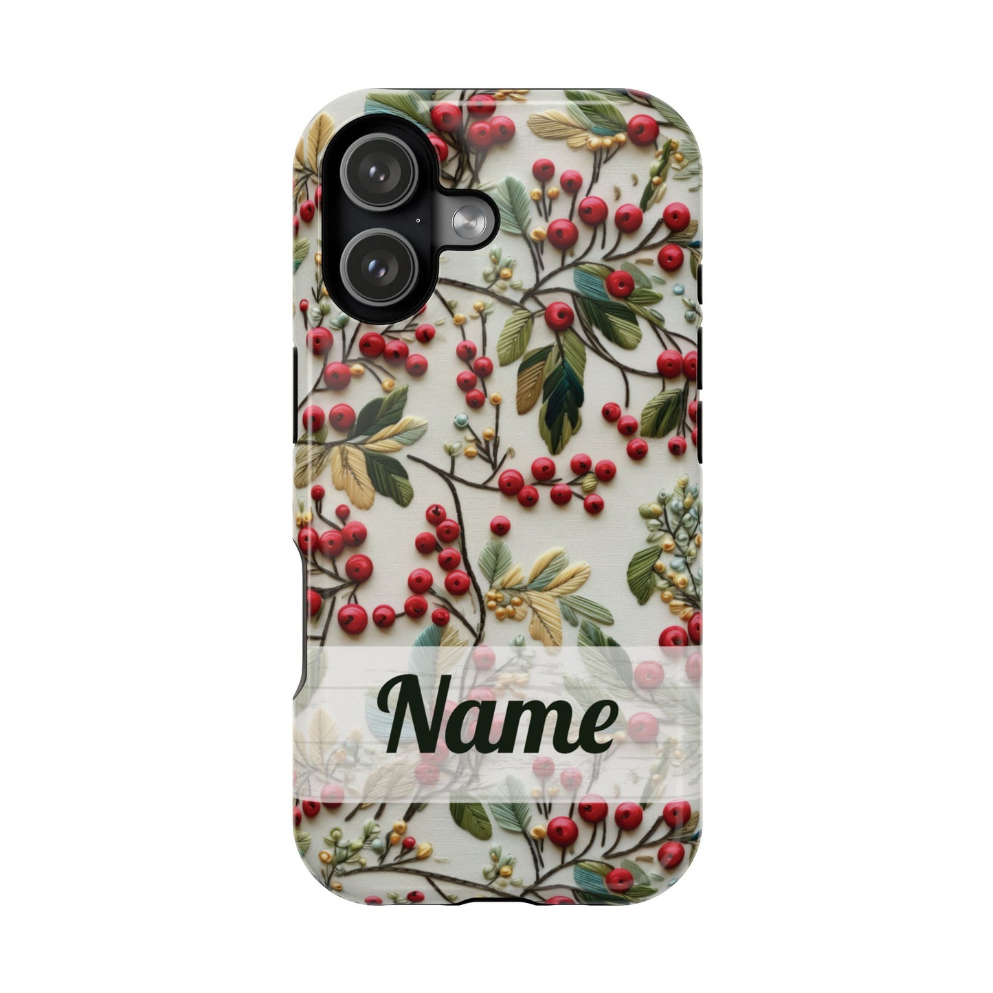 December Birth Month Flower Phone Case Faux Holly Beads Embroidered Custom, Personalized Christmas Winter Magnetic Tough Cases for iPhone