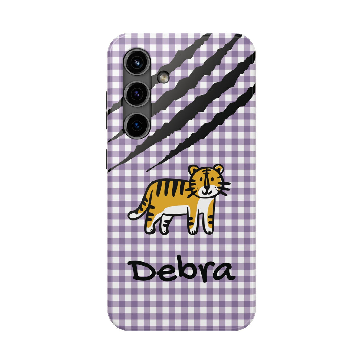 Personalized doodle tiger gingham phone case with custom name, for Samsung Galaxy S24