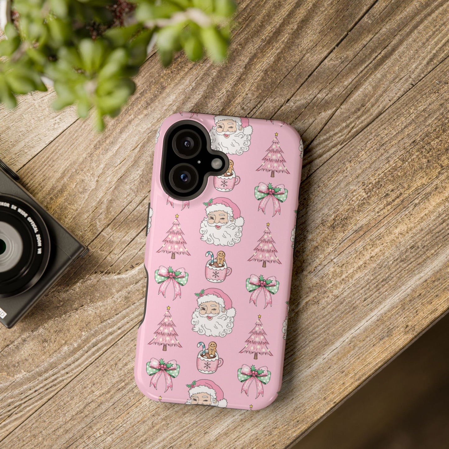 Pink Retro Santa & Coquette Bow Christmas Phone Case - Christmas Phone Case Impact-Resistant Case