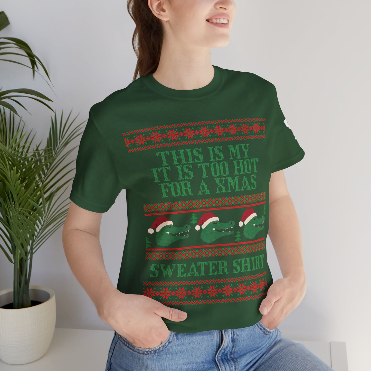 CAJUN DEB Funny Gator Holiday shirt Too Hot for a Xmas Sweater Shirt Crew Unisex Jersey Short Sleeve Tee Bella Canvas 3001 T-Shirt