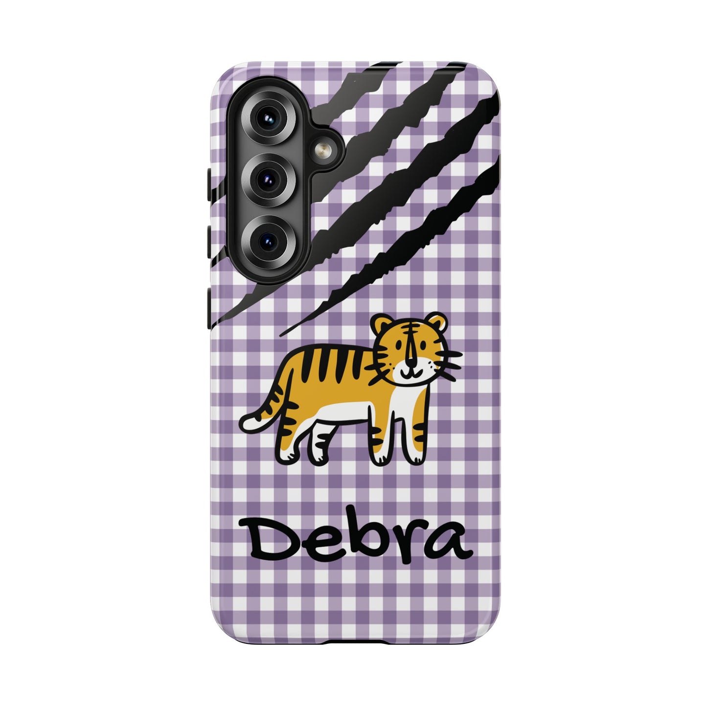 CAJUN DEB Personalized Tiger Purple Gingham Phone Case – Cute Purple Gingham Tough Phone Case with Claw Marks CAJUN DEB