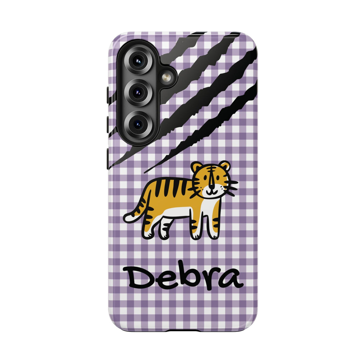 Personalized doodle tiger gingham phone case with custom name, for Samsung Galaxy S25