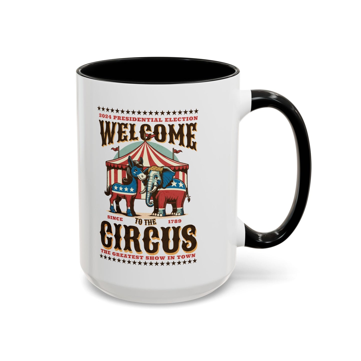 Political Circus Coffee Mug (11, 15oz) - Republican Democrat Independent Elephant Donkey