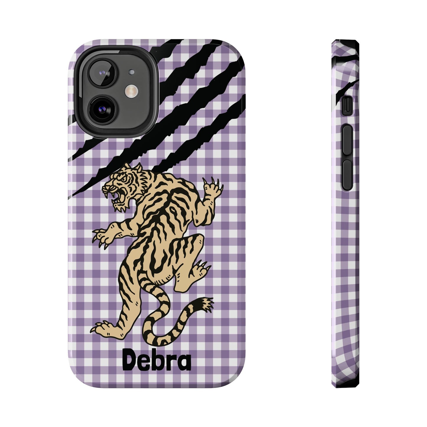 CAJUN DEB Personalized Vintage Tiger Purple Gingham Phone Case – Cute Purple Gingham Tough Phone Case with Claw Marks CAJUN DEB