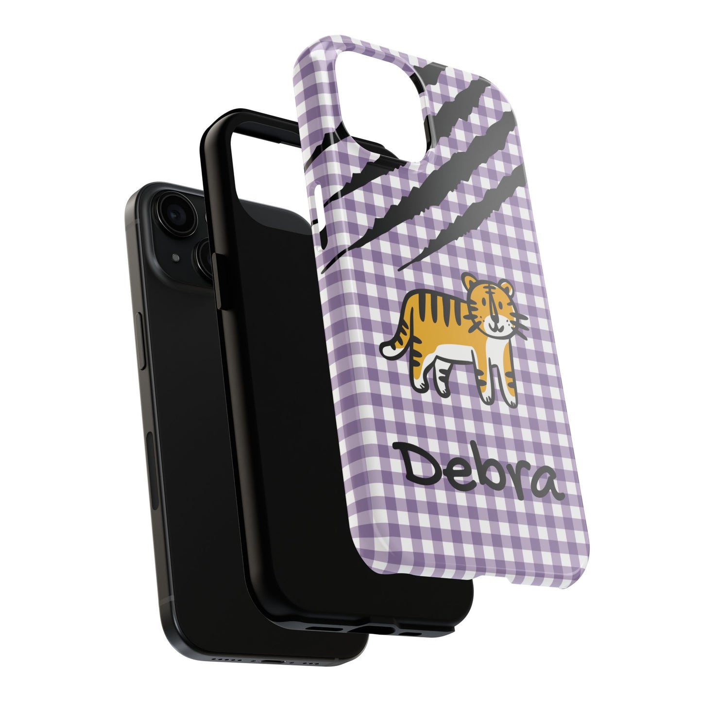 CAJUN DEB Personalized Tiger Purple Gingham Phone Case – Cute Purple Gingham Tough Phone Case with Claw Marks CAJUN DEB